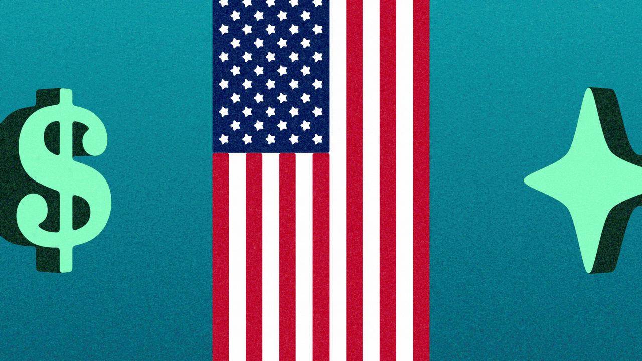 Animated illustration of an American flag that gets squeezed in a vise made of a dollar sign on one side and a sparkle shape on the other.