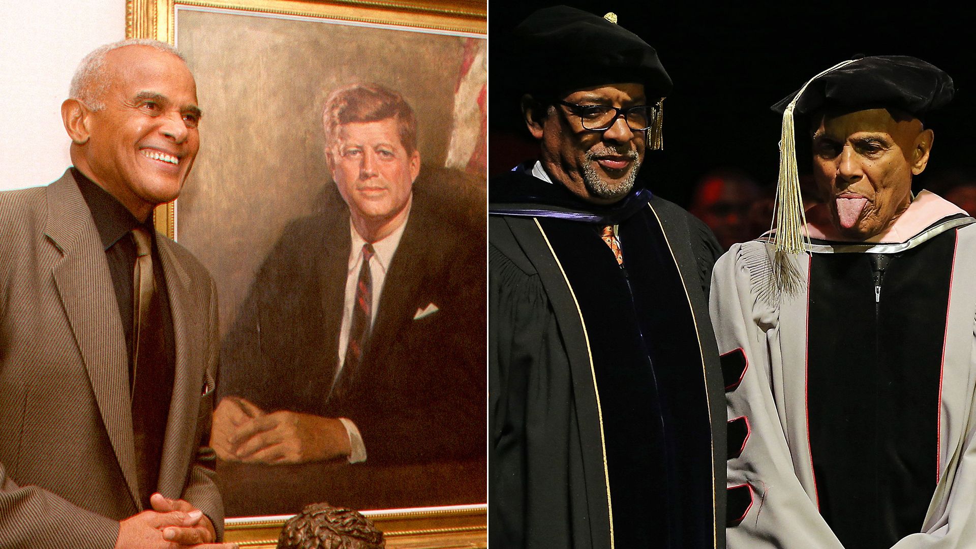 A composite photo of Harry Belafonte: On the left, he's posing in front of a JFK painting at the JFK library after winning an award, on the right, he's sticking his tongue out after getting an honorary degree from Berklee College.