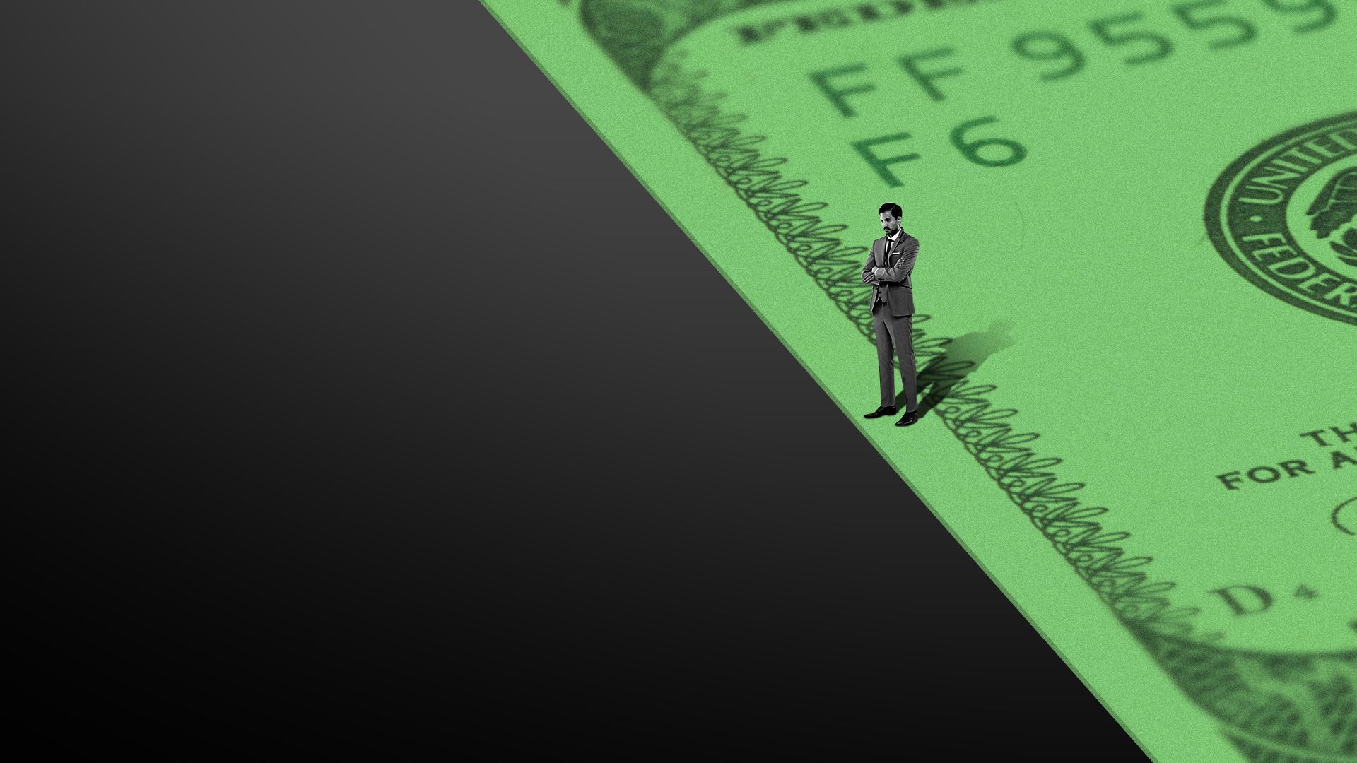 Illustration of a man standing on the edge of an extremely large hundred dollar bill staring over the edge into a dark void. 
