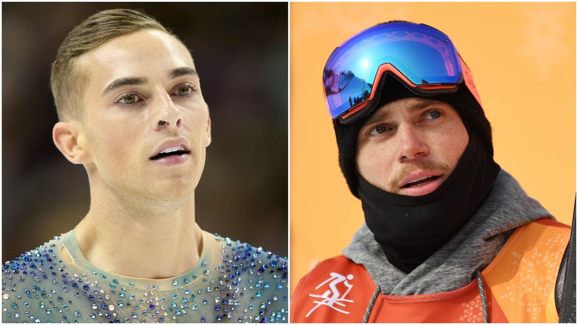 Adam Rippon in a skating uniform on the left and Gus Kenworthy in ski gear on the right