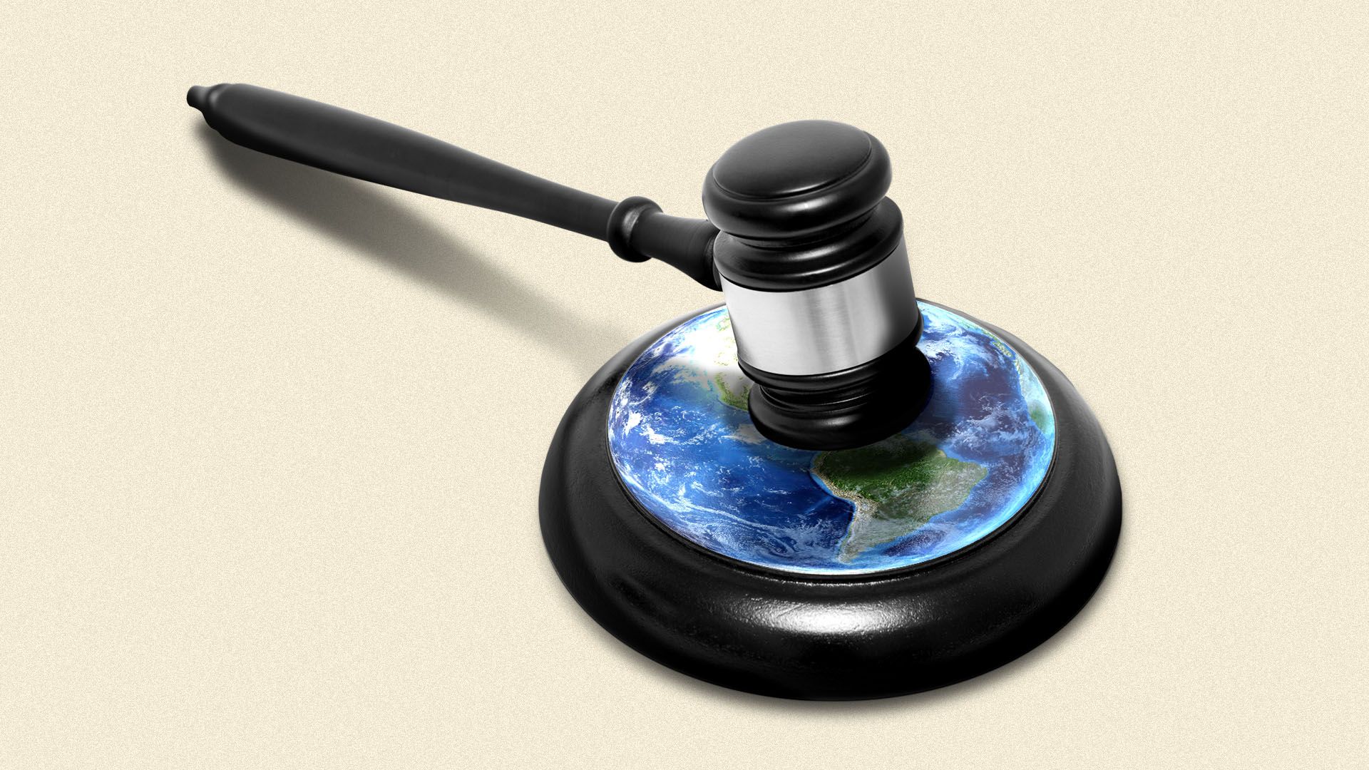 Illustration of a gavel and sound block with an image of the earth on it.