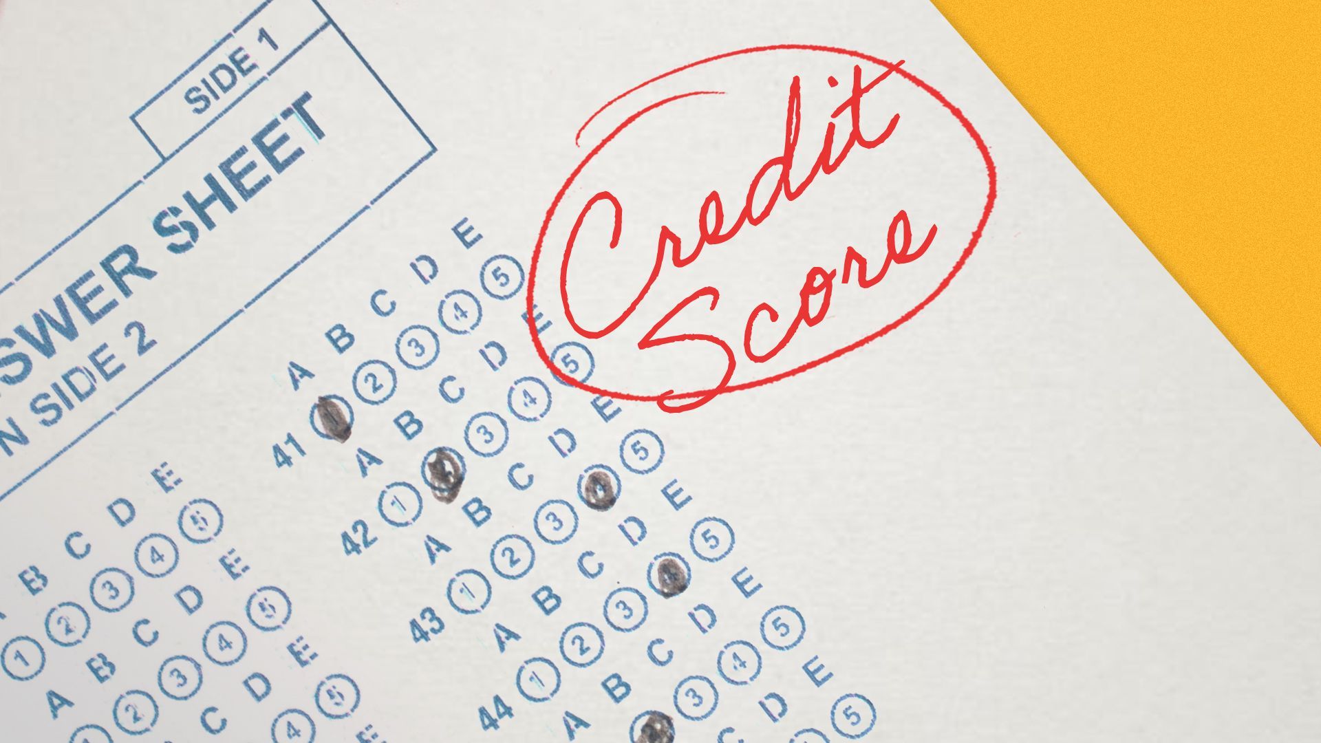 Illustration of an exam answer sheet with the words "credit score" hand written in red ink.