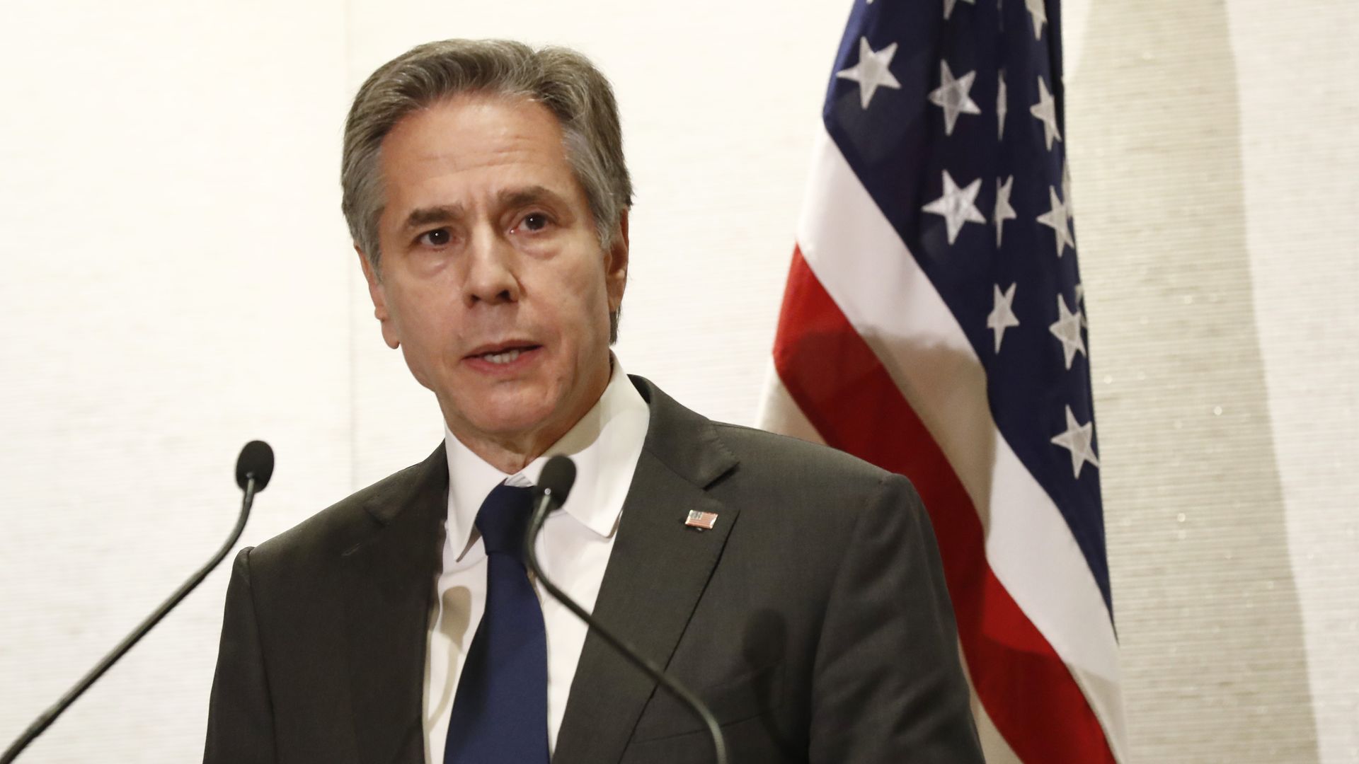  Secretary of State Antony Blinken speaks at a joint press conference of the Quad Foreign Ministers meeting at the Park Hyatt on February 11, 2022 in Melbourne, Australia. 