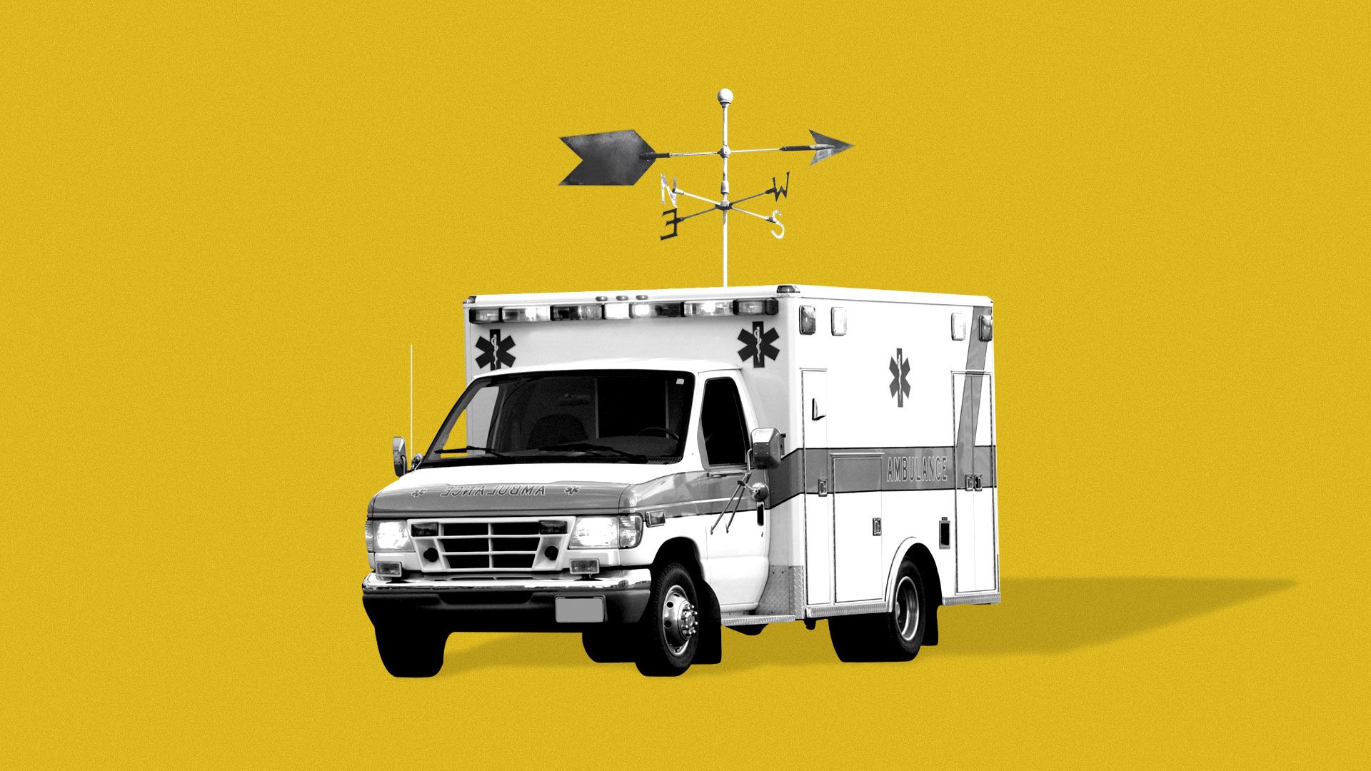 Illustration of ambulance with a weather vane on the roof.