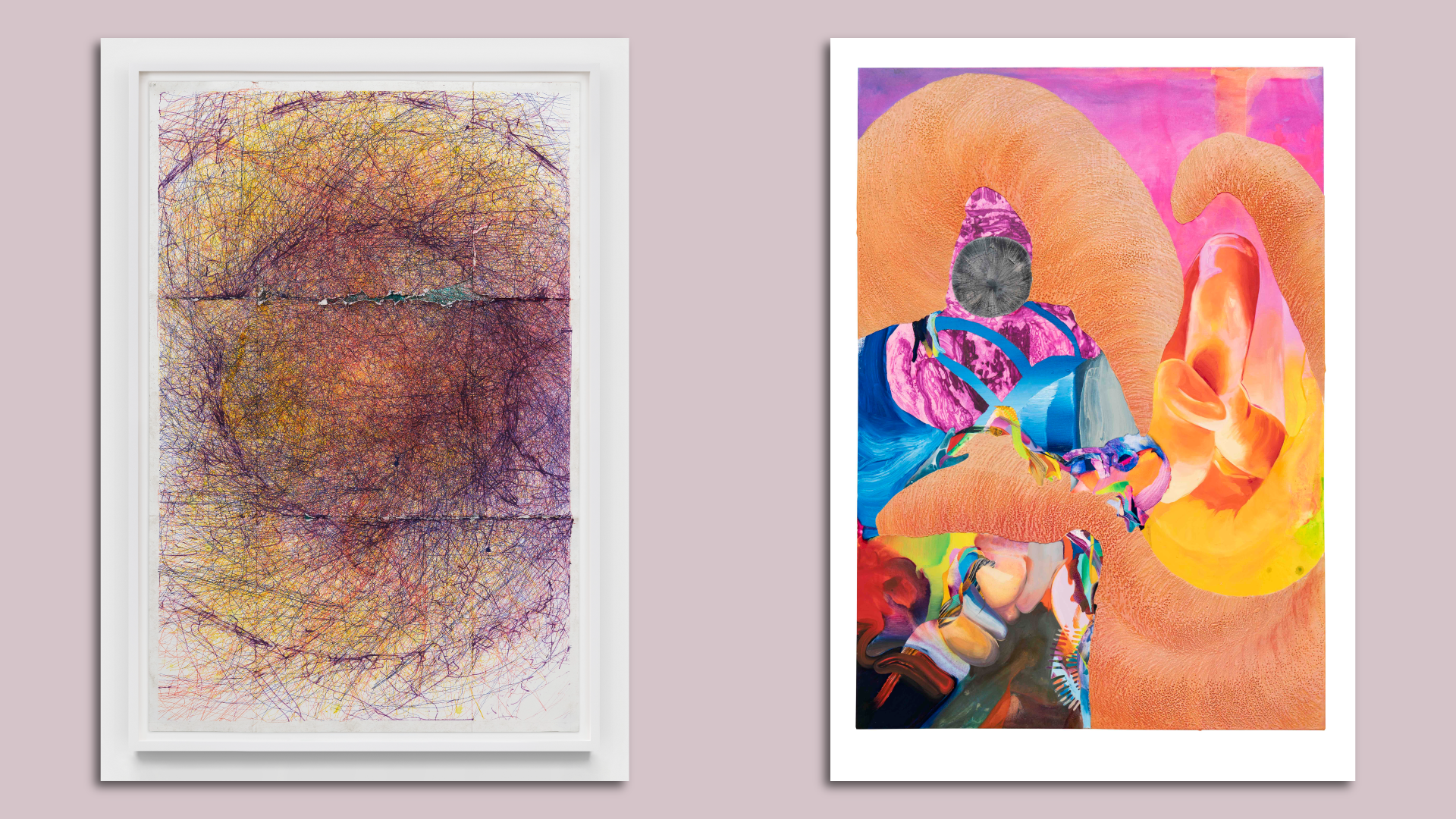 Two pieces of art. The one on the left is rough around the edges with swirling splatters. The right is a colorful figure surrounded by orange and purple shapes.