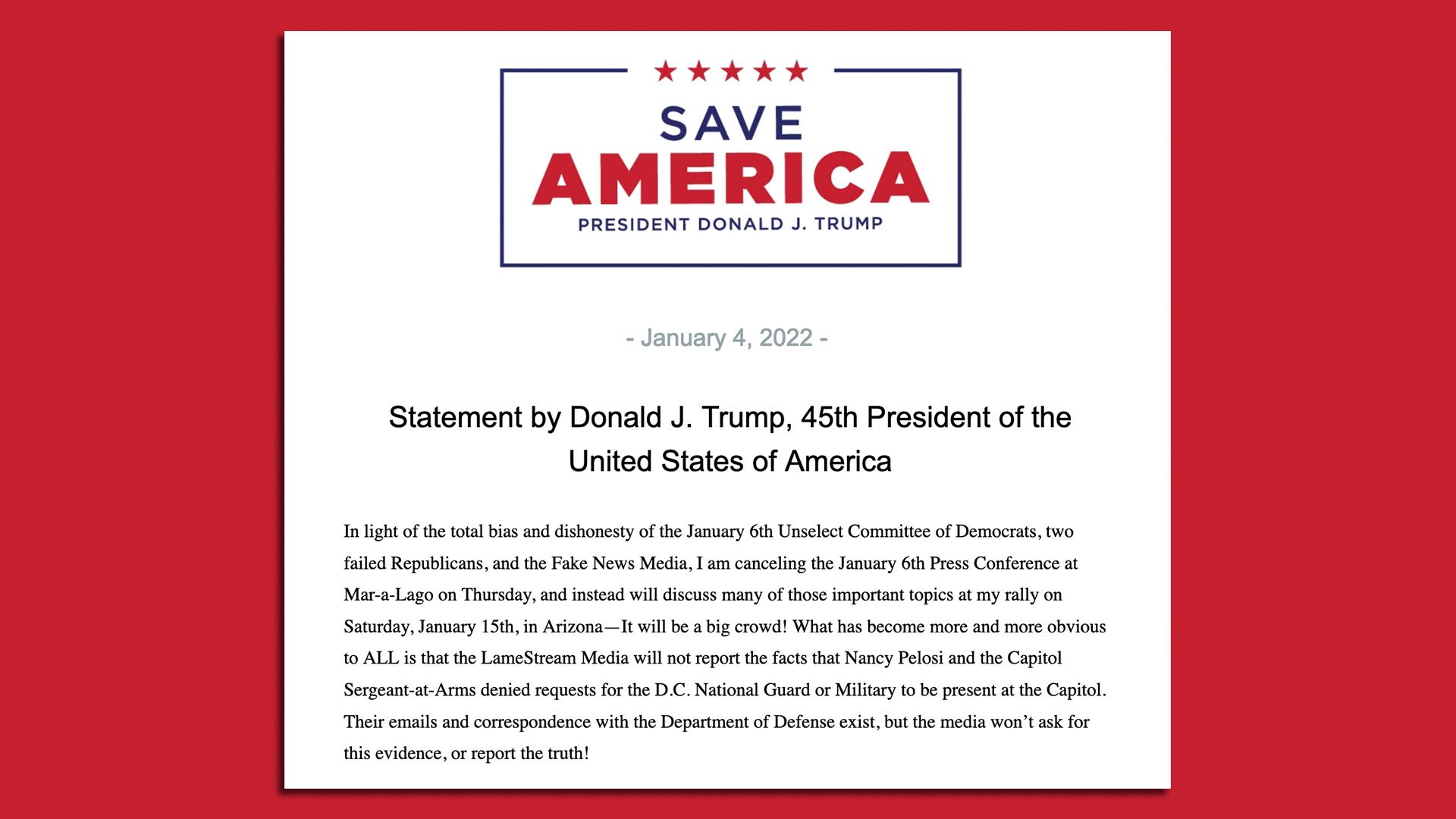 A screenshot shows a statement from former President Donald Trump.