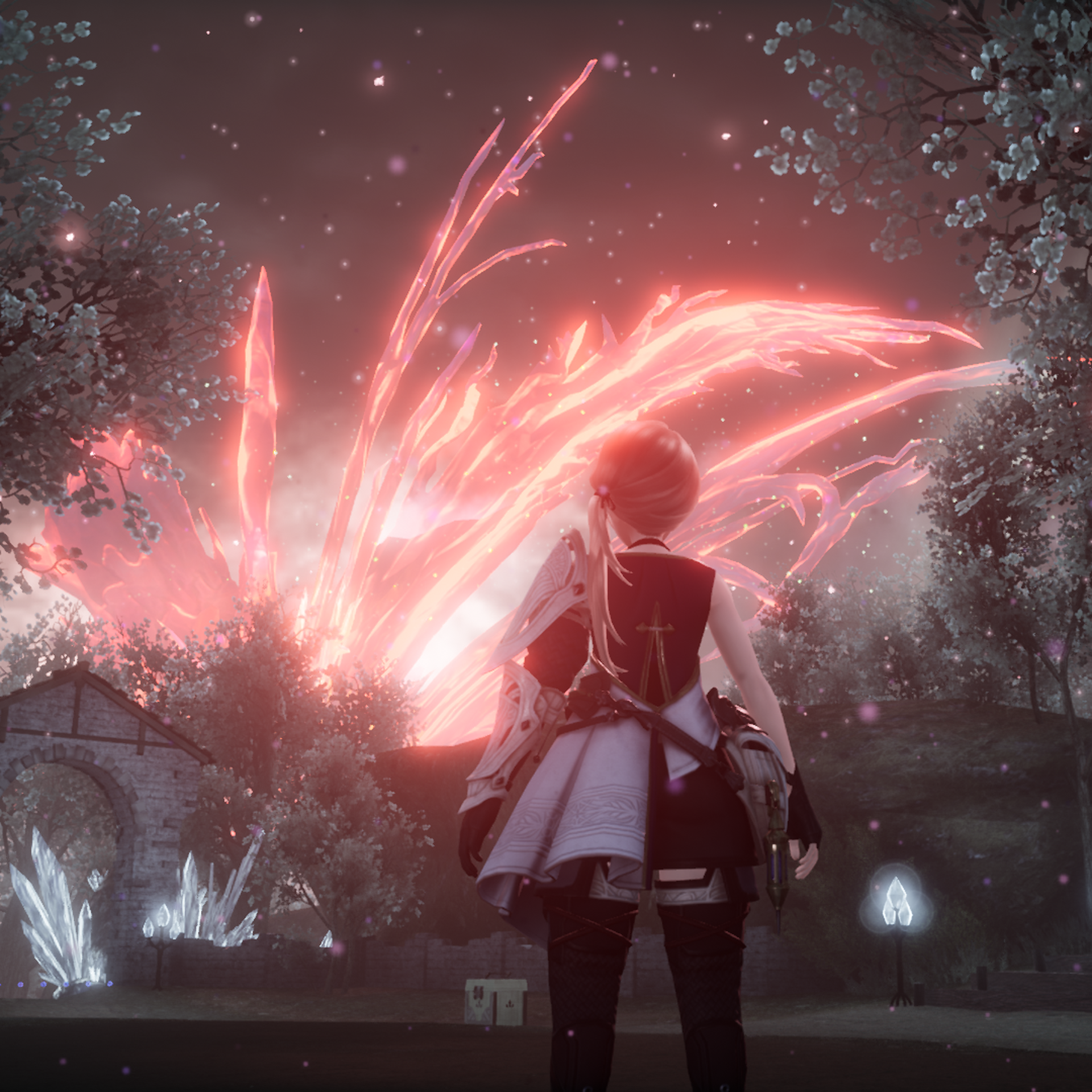 Video game screenshot of a person in a medieval-style village at night, while large magical red flames shoot into the sky
