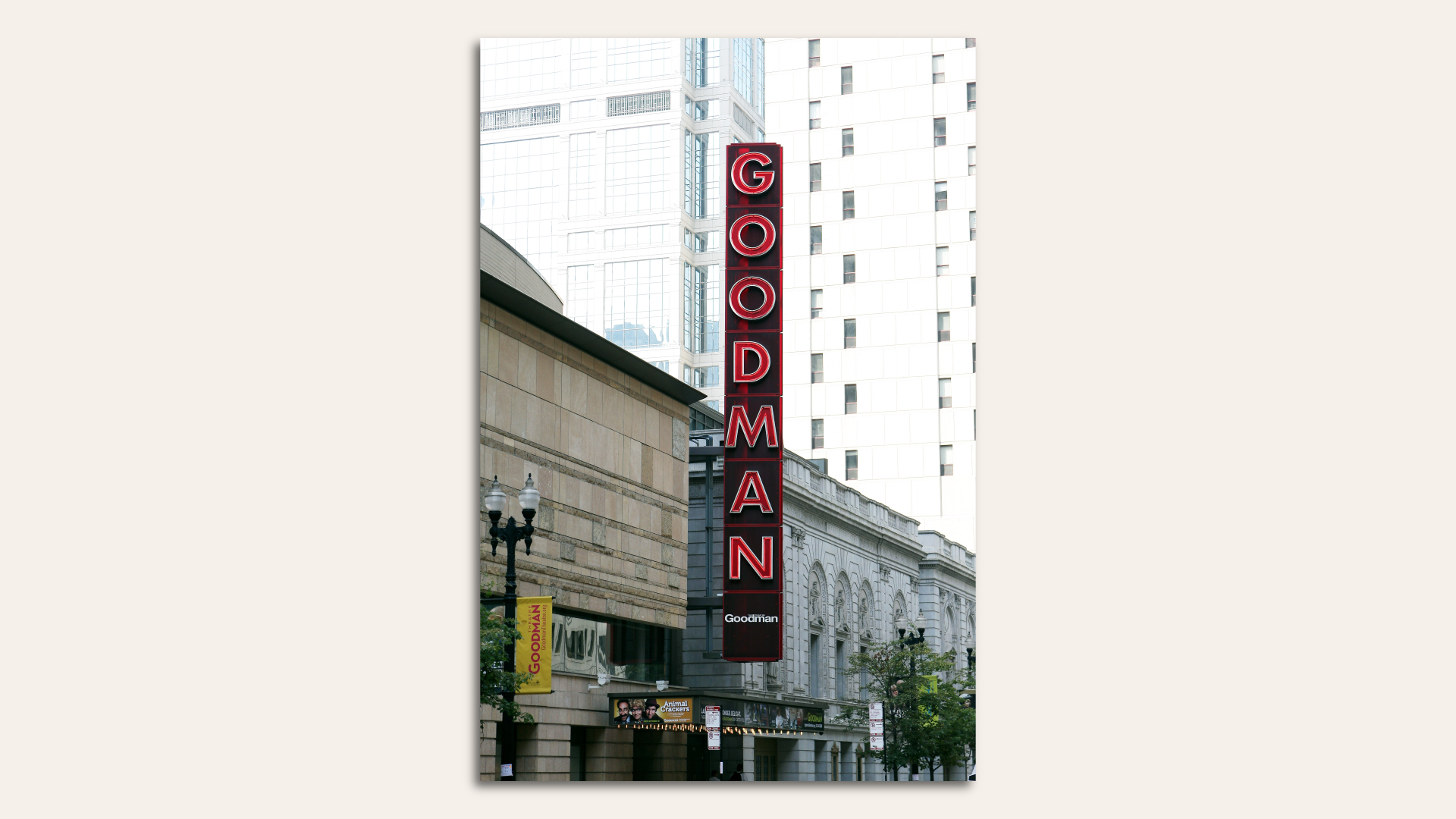 The Goodman Theatre marquee in neon red letters.