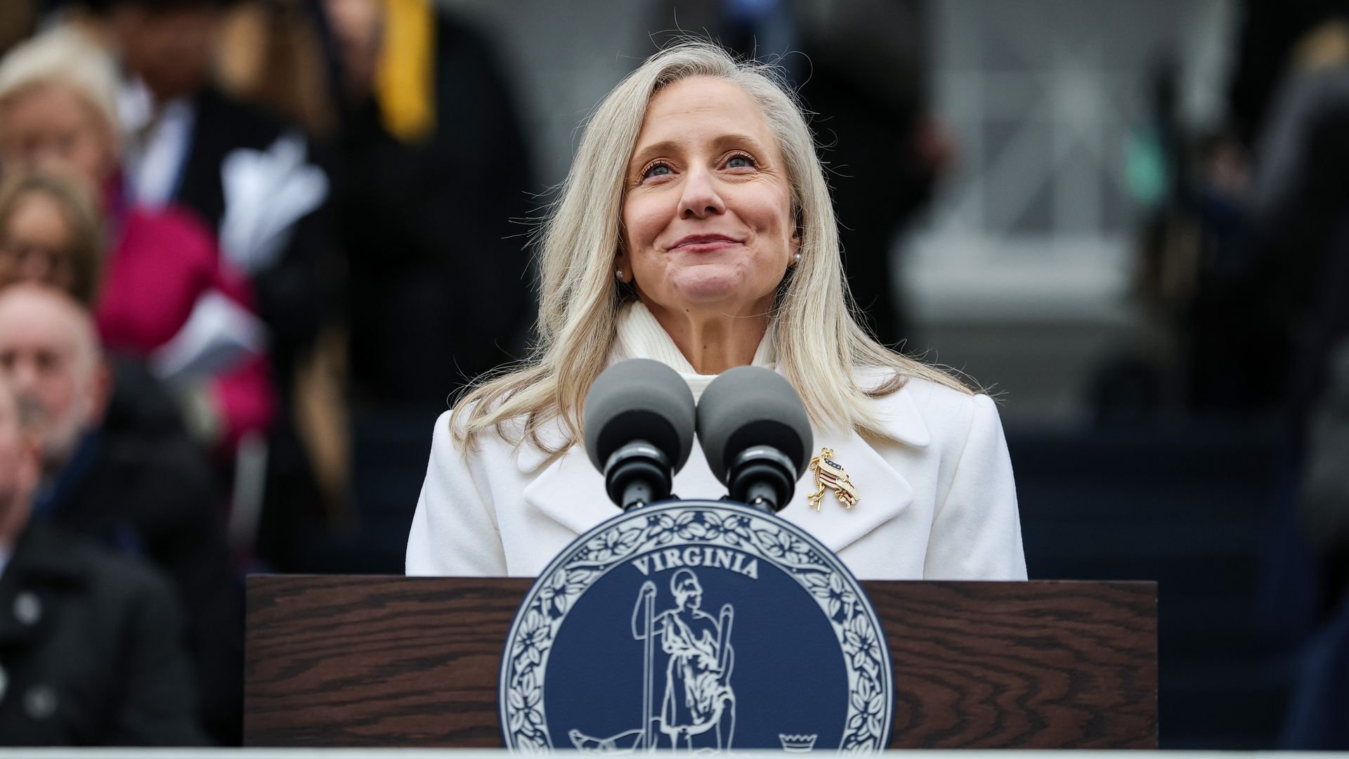 : Virginia Governor Abigail Spanberger speaks after being sworn into office at the Virginia State Capitol January 17, 2026 in Richmond, Virginia. Spanberger is the first woman elected to the Commonwealth of Virginia's highest office. (Photo by Win McNamee/Getty Image