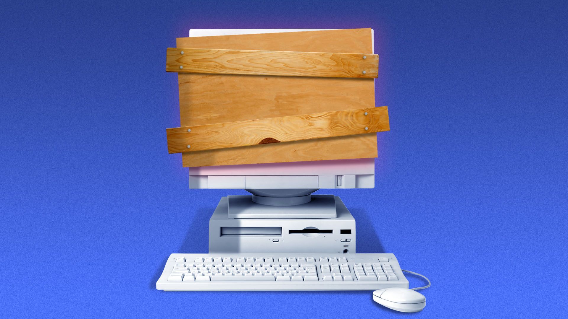 Illustration of a computer with plywood and wood planks over the screen