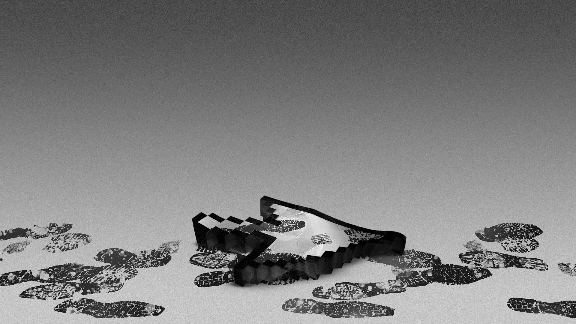 Illustration of a cursor that has been crumpled up and stepped on. 