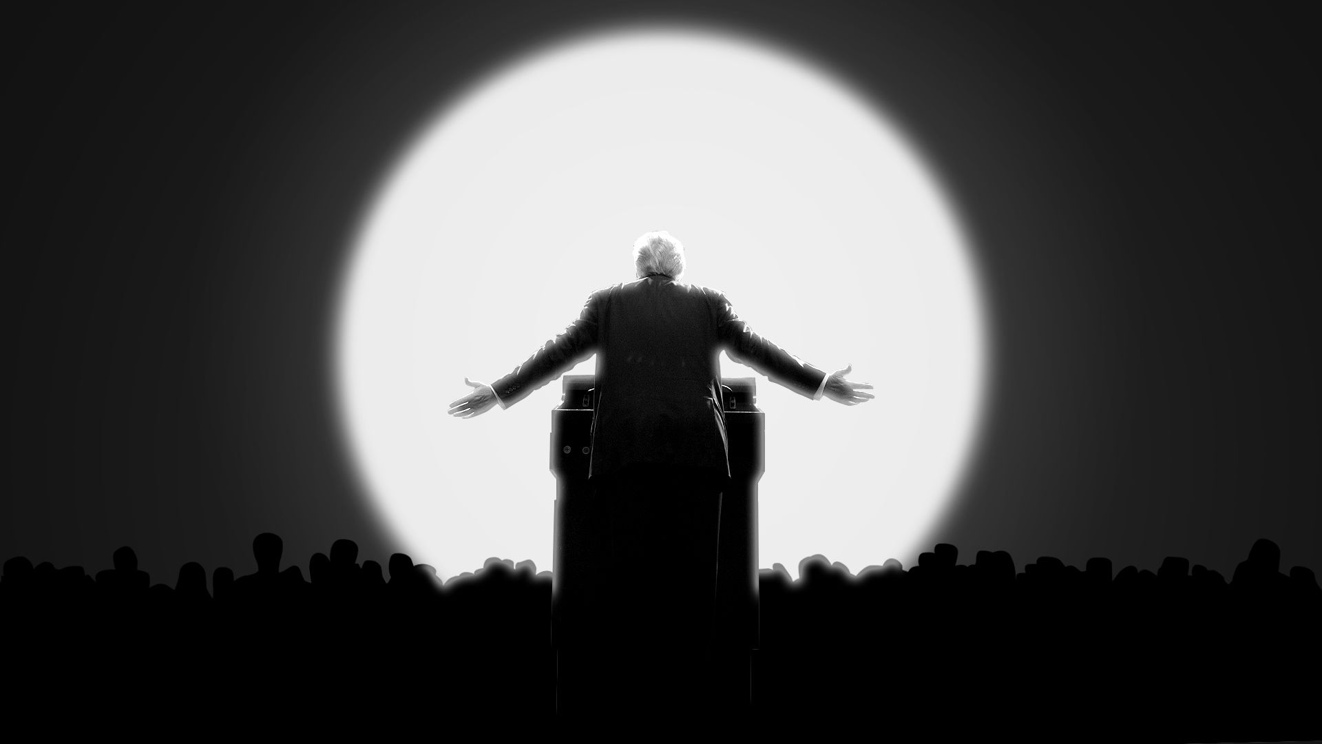 Photo illustration of President Trump in front of a crowd with a giant spotlight on him.
