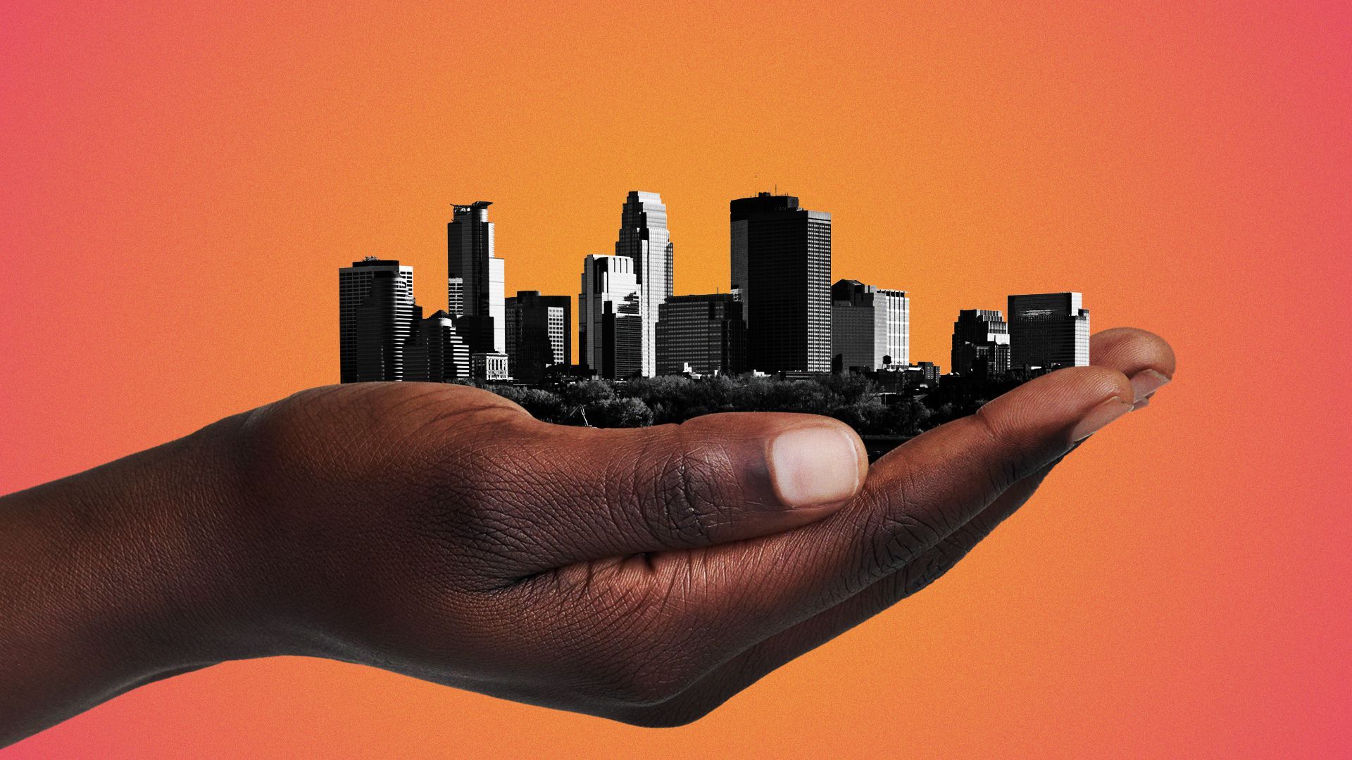 Illustration of a Black woman's hands holding the city of Minneapolis.