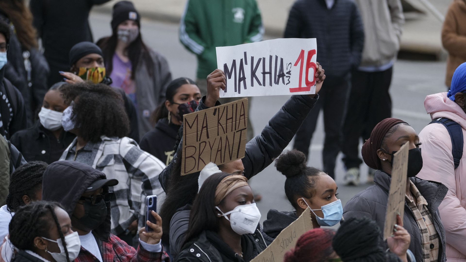 Students and demonstrators march on the campus of The Ohio State University in Columbus, Ohio on April 21, 2021 to protest the killing of MaKhia Bryant, 16, by the Columbus Police Department.