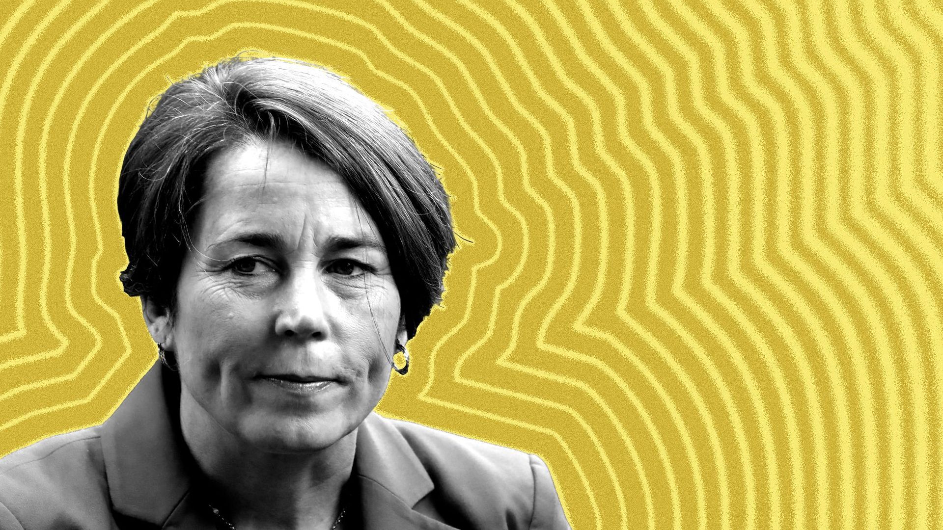 Photo illustration of Maura Healey with lines radiating from her. 
