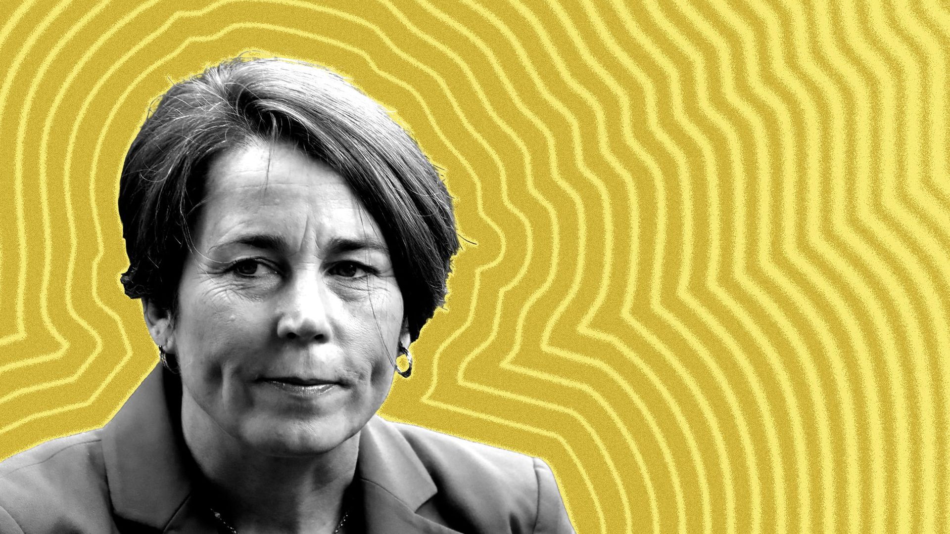Photo illustration of Maura Healey with lines radiating from her.