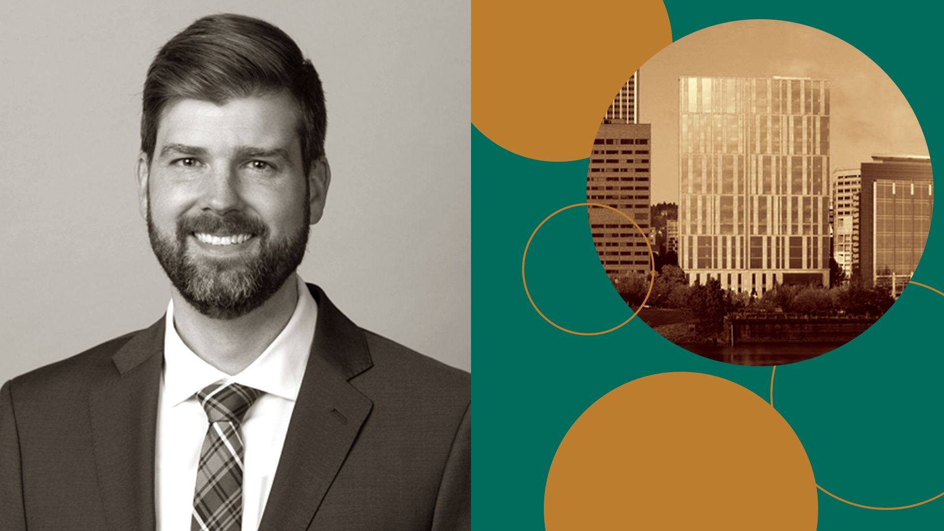 Photo illustration of District Attorney Mike Schmidt with the Multnomah County Courthouse and abstract shapes in the background.