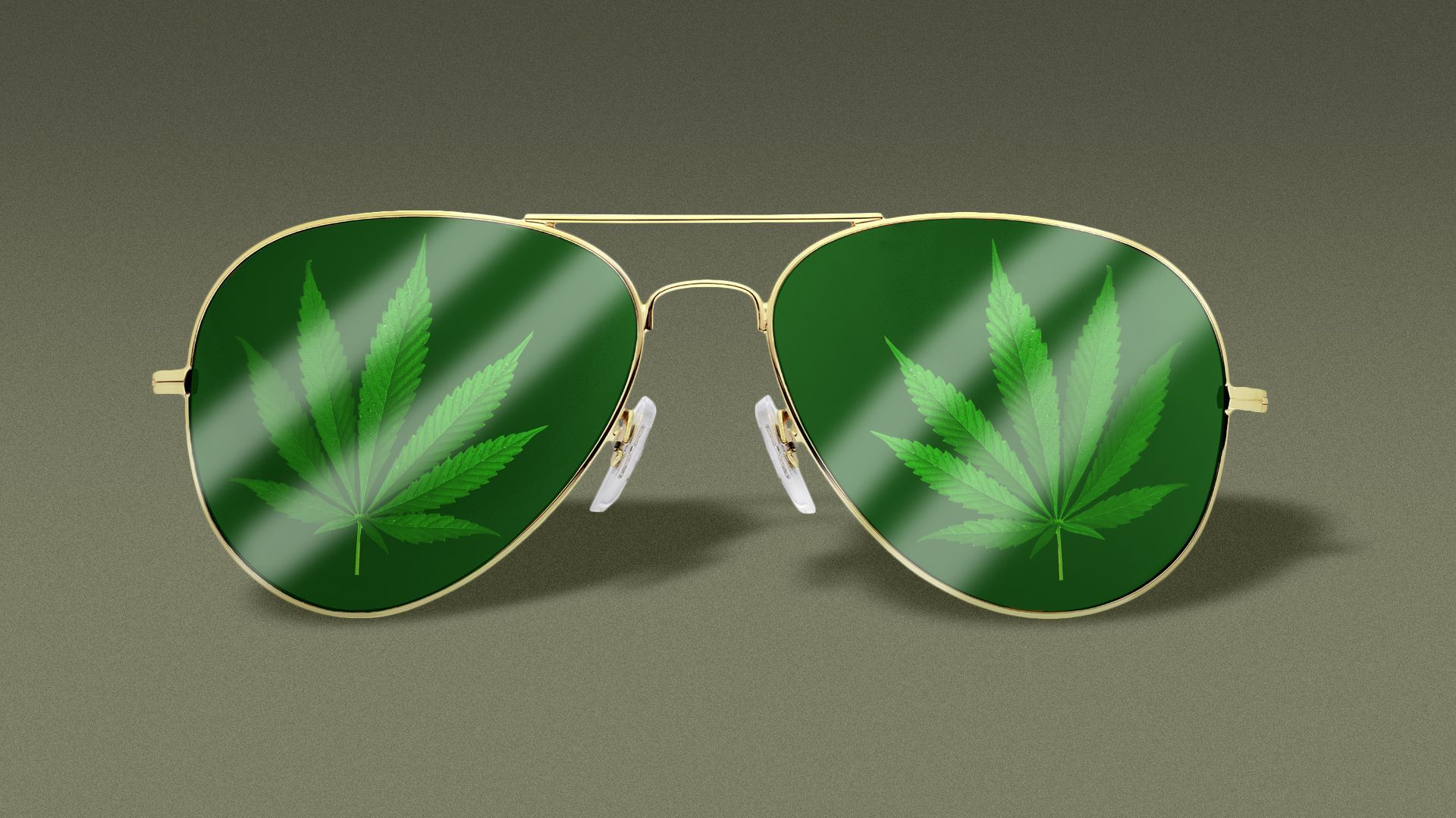 Illustration of aviator sunglasses with cannabis leaves reflected in the lenses.