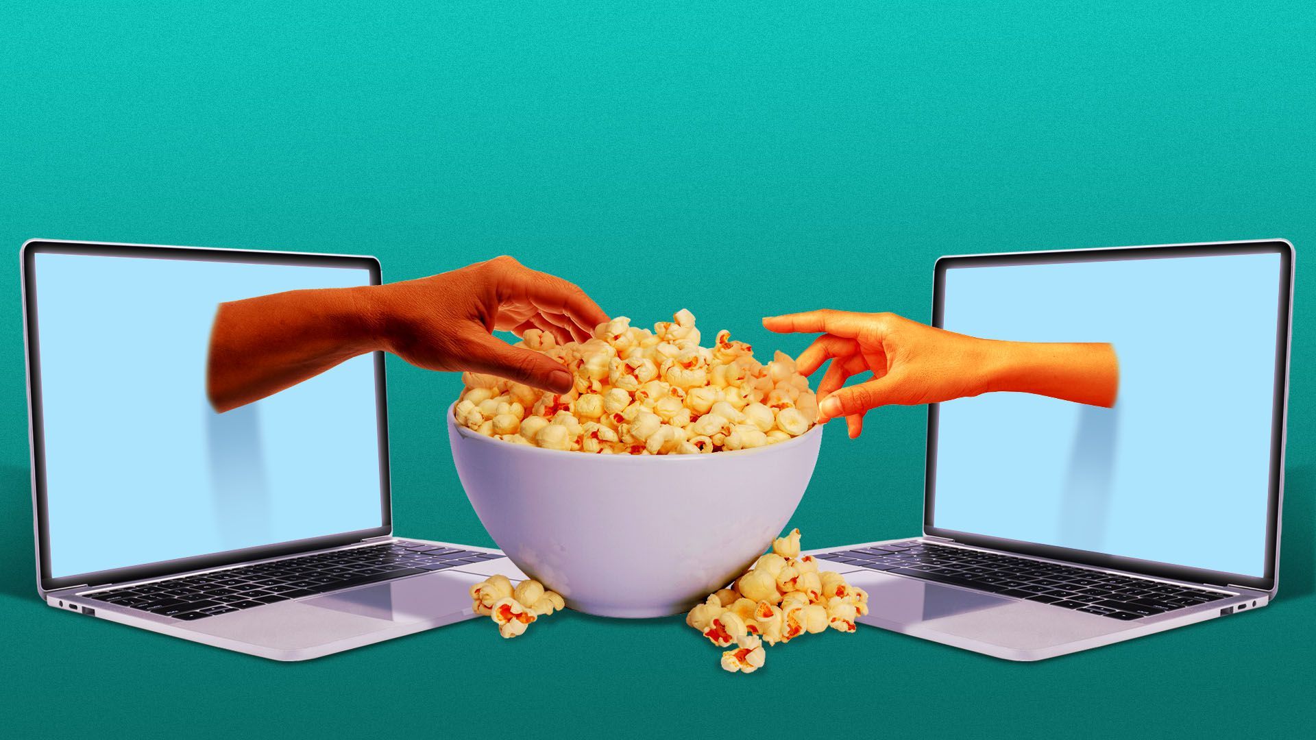 Illustration of two hands coming out of laptop screens to grab a bowl of popcorn