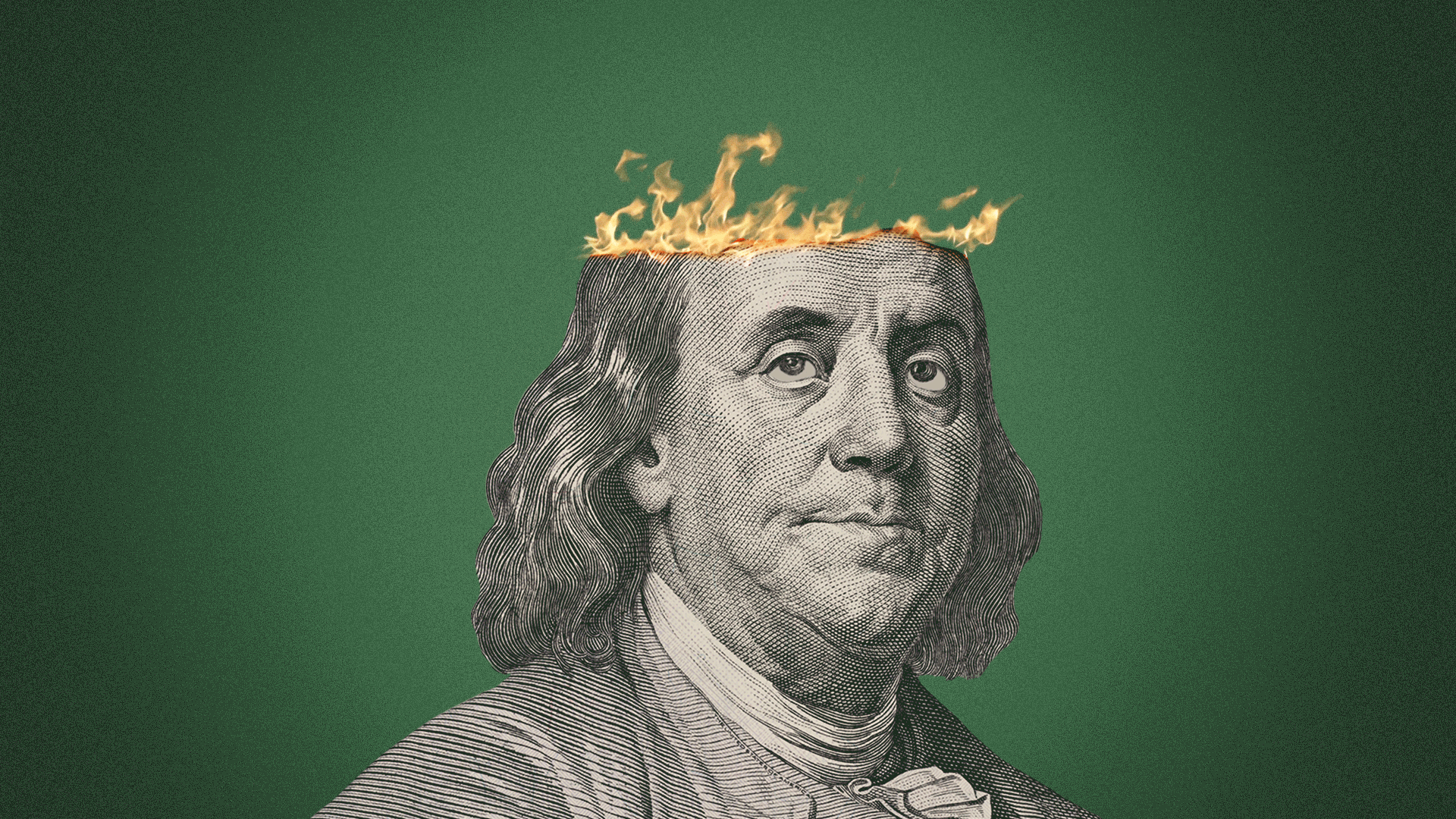 Animated illustration of a portrait of Benjamin Franklin looking up at his head, which is on fire. 