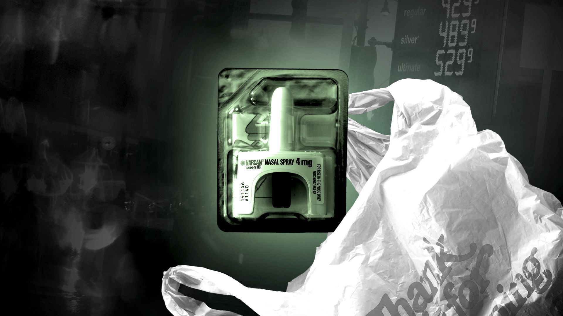 Photo illustration collage of a Narcan package falling out of a plastic shopping bag in front of a background showing a gas station