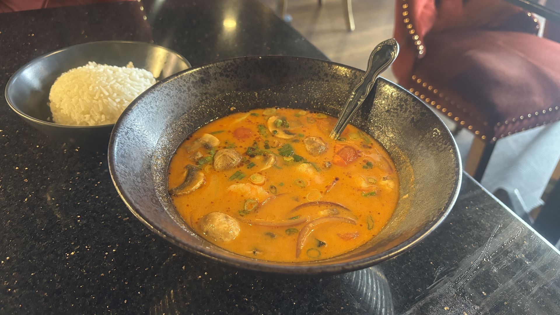 Tom Yum soup with a side of rice.