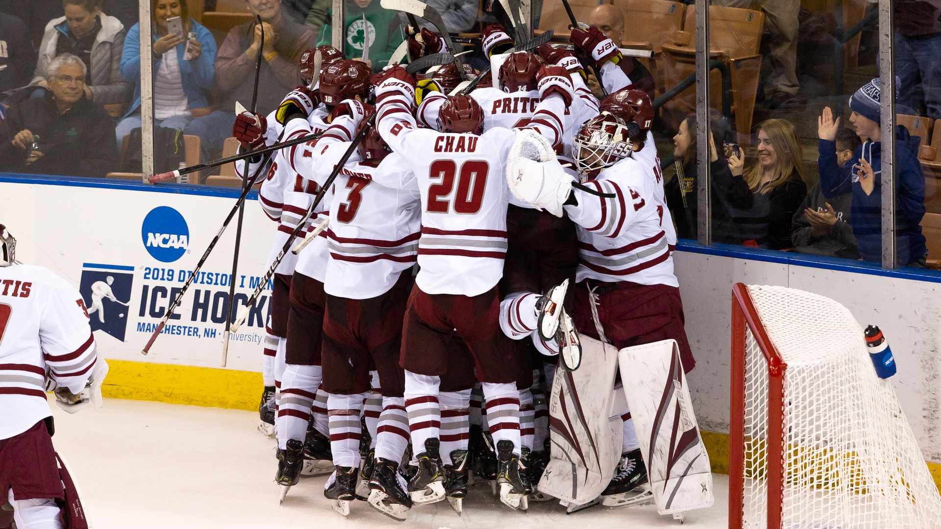 UMass celebrating their first ever Frozen Four berth