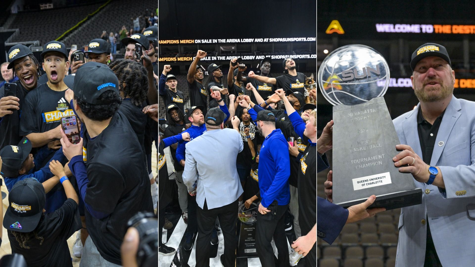 Collage of three images showing a basketball team in black "Champions 2026" shirts and hats celebrating winning the 2026 ASUN Men's Basketball Tournament, holding the Bob Vanatta Trophy.