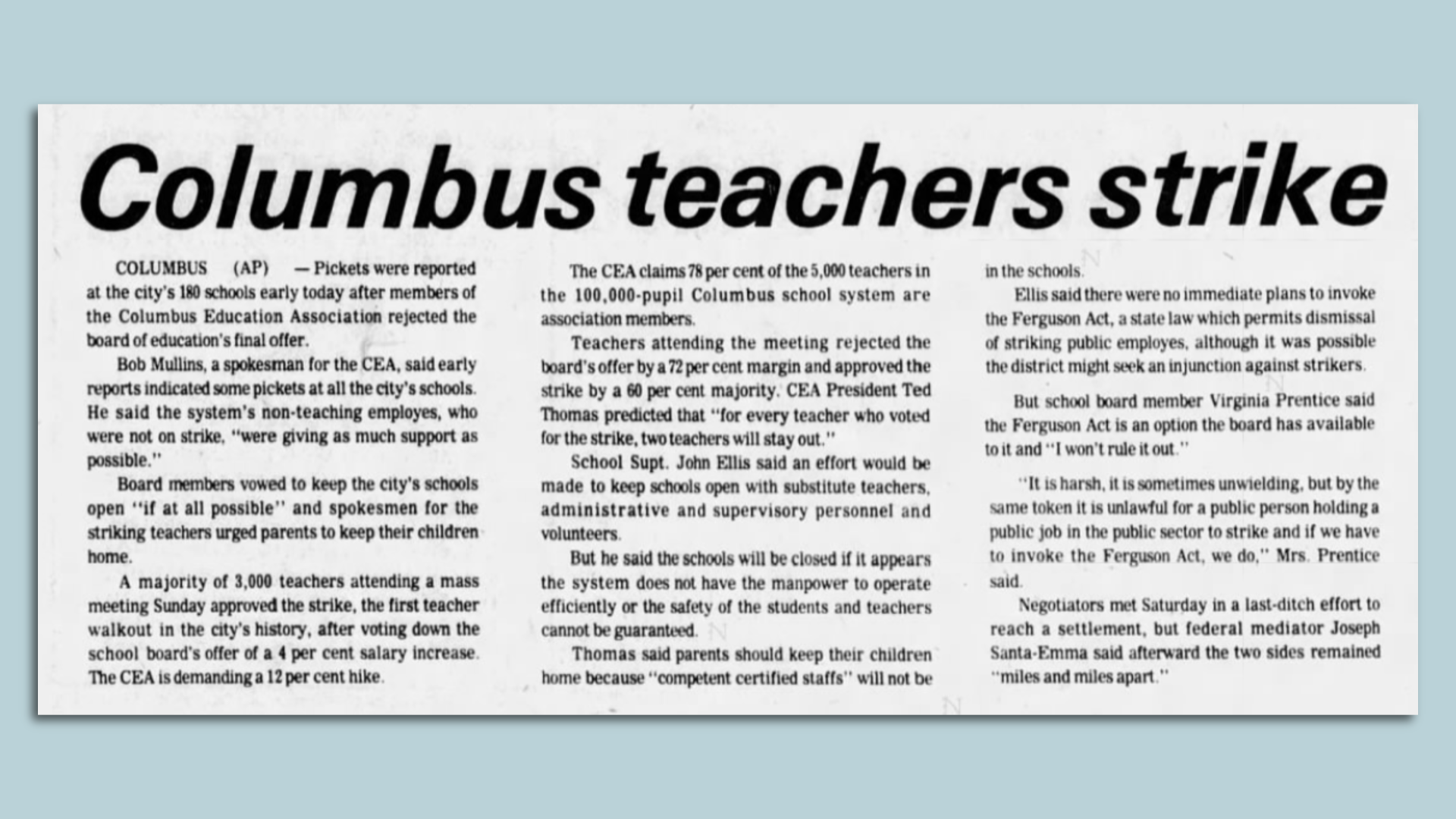 A news headline from 1975 reading, "Columbus teachers strike."