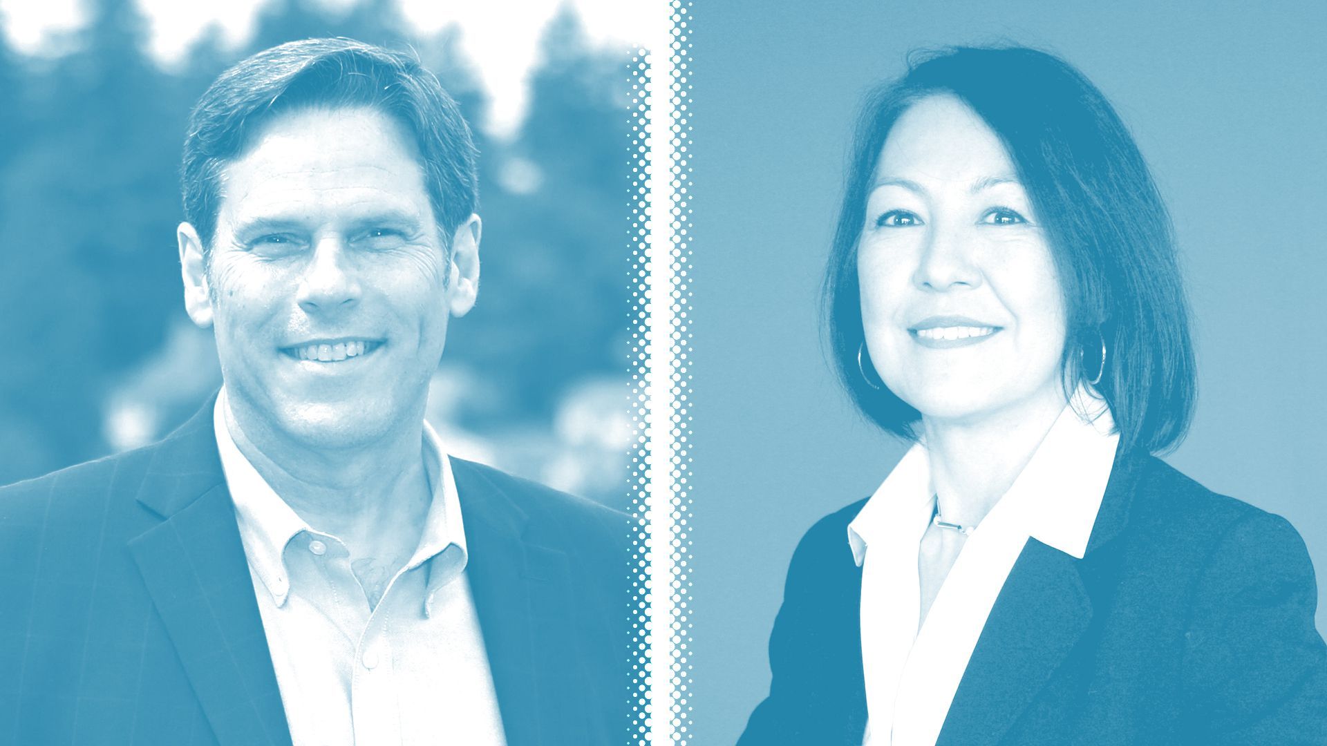 Photo Illustration of Jim Ferrell and Leesa Manion.