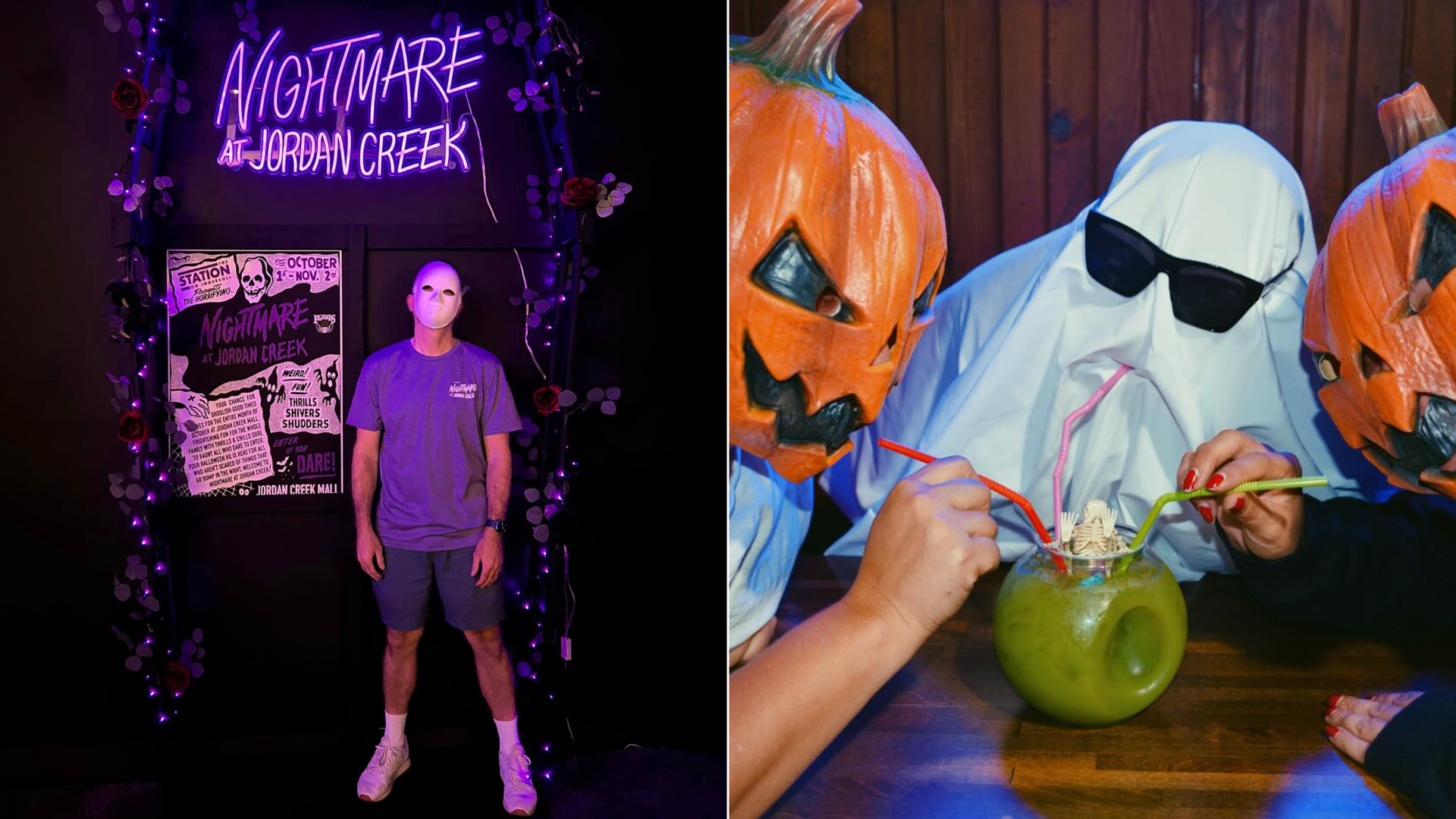 Nightmare at Ingersoll lighting and people in costume drinking a green fish bowl
