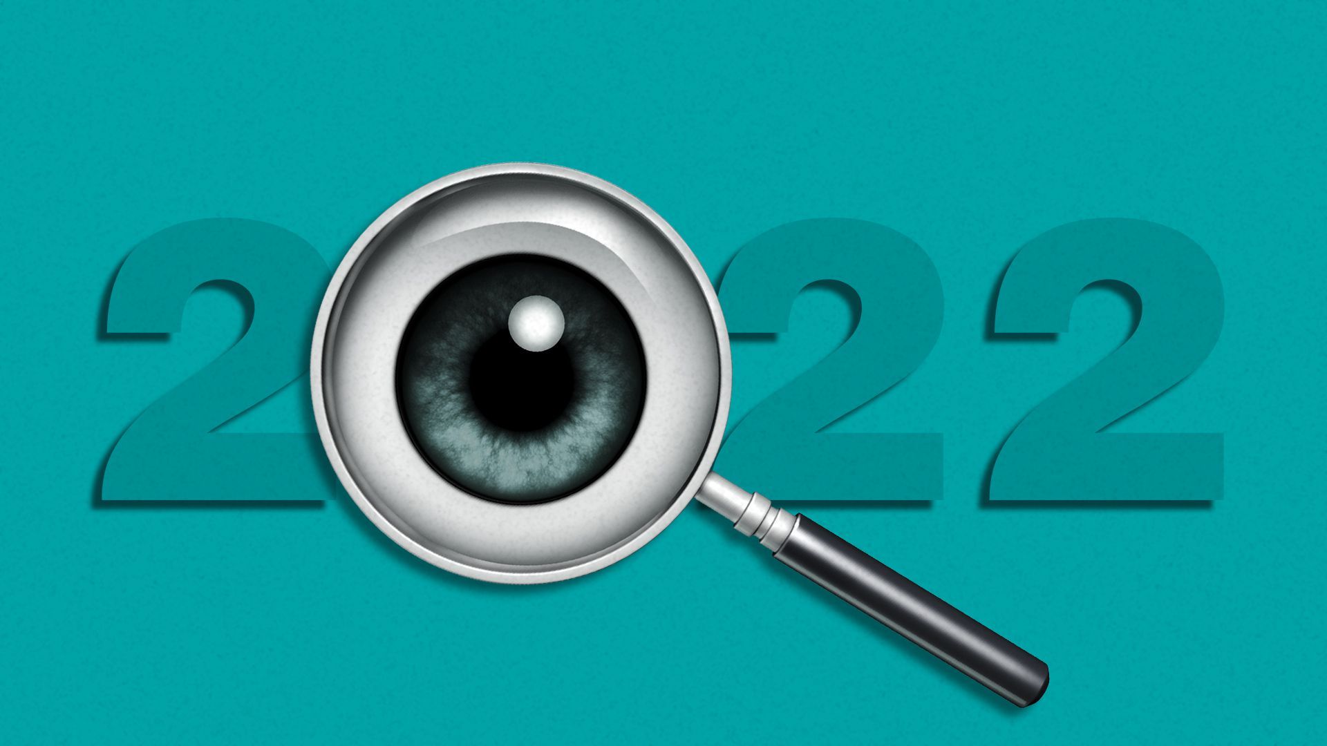 Illustration of the year 2022 with an eye in a magnifying glass in place of the zero.