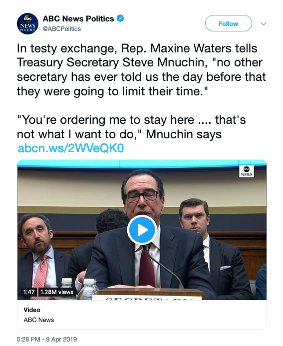 A screenshot of tweet from ABC News with a video of Steve Mnuchin and Maxine Waters.