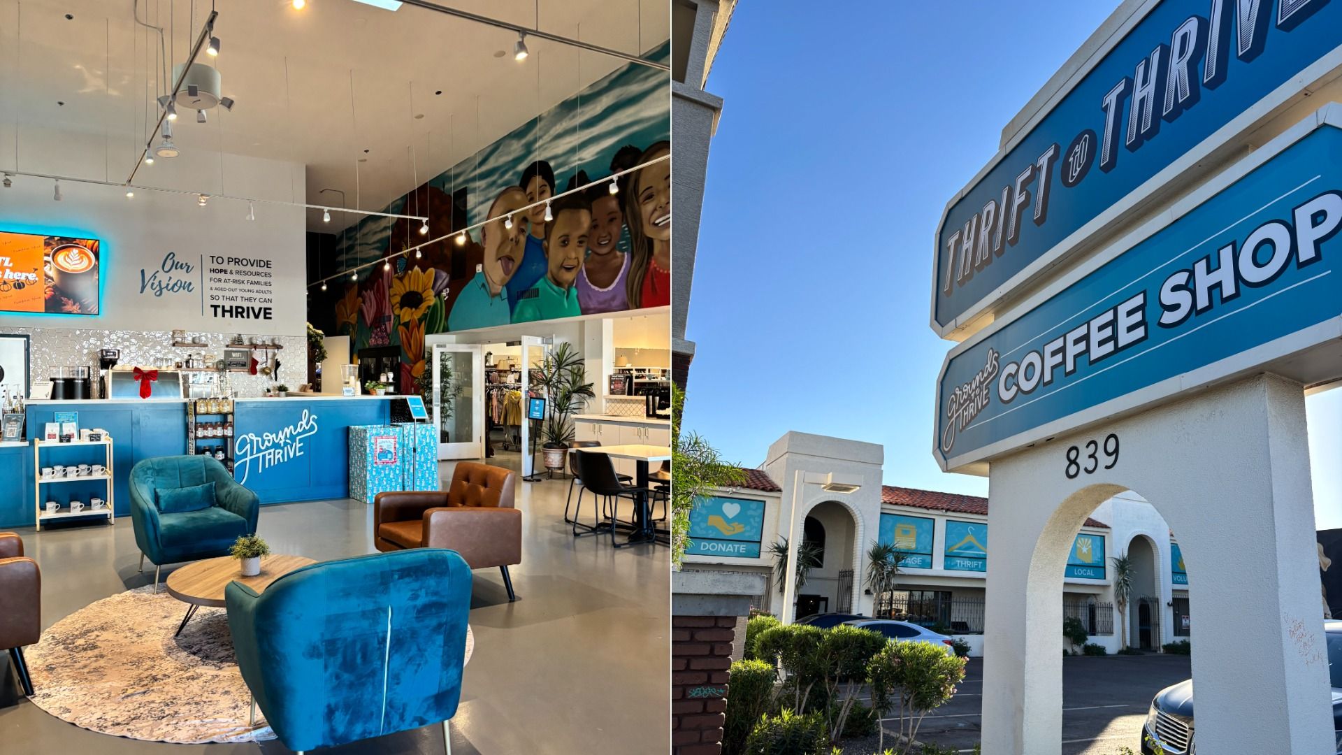 Inside a colorful coffee shop with blue chairs, a mural of diverse smiling people, and a counter reading "Grounds to Thrive." Outside, a blue sign says "Thrift to Thrive Coffee Shop" at 839.