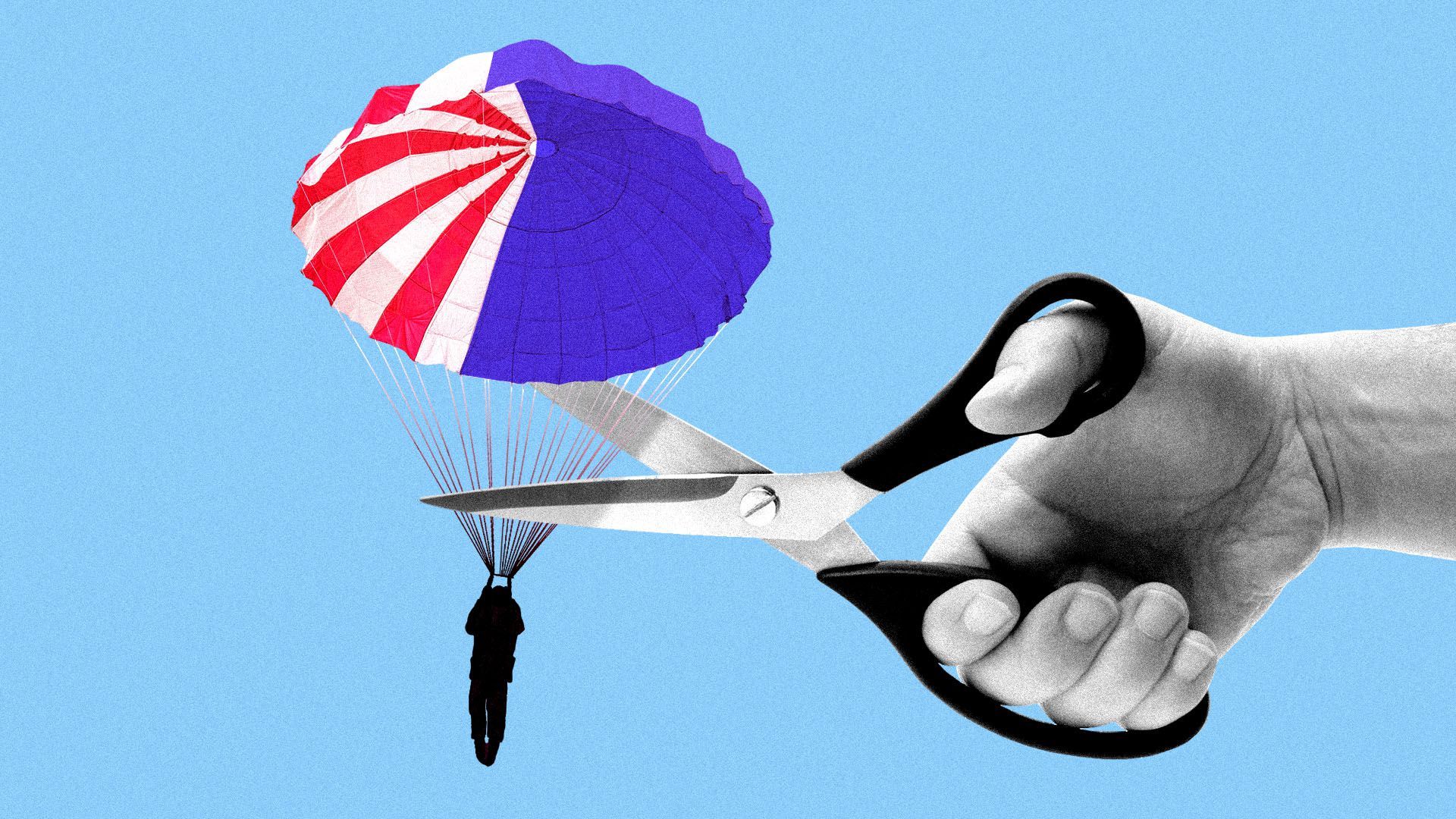 Illustration of scissors snipping a man with a parachute