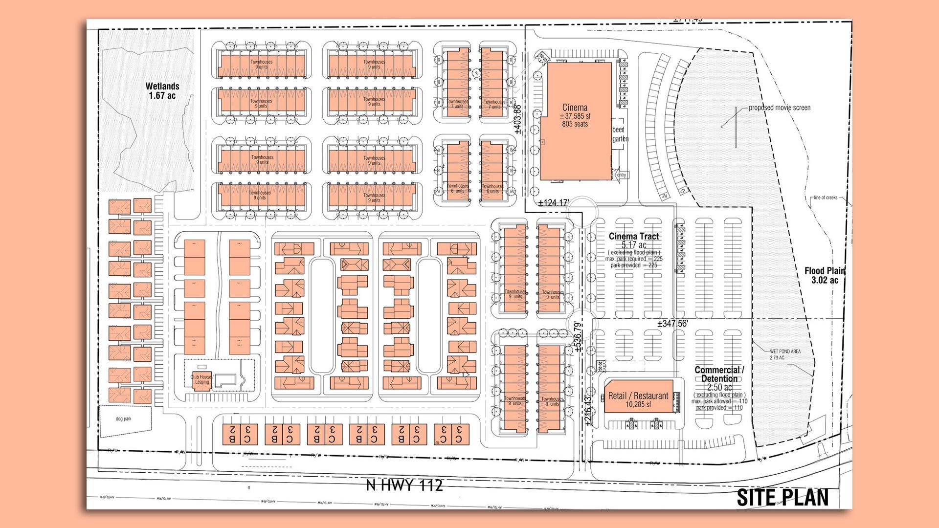 A site plan of a neighborhood with houses, apartments and retail shopping.