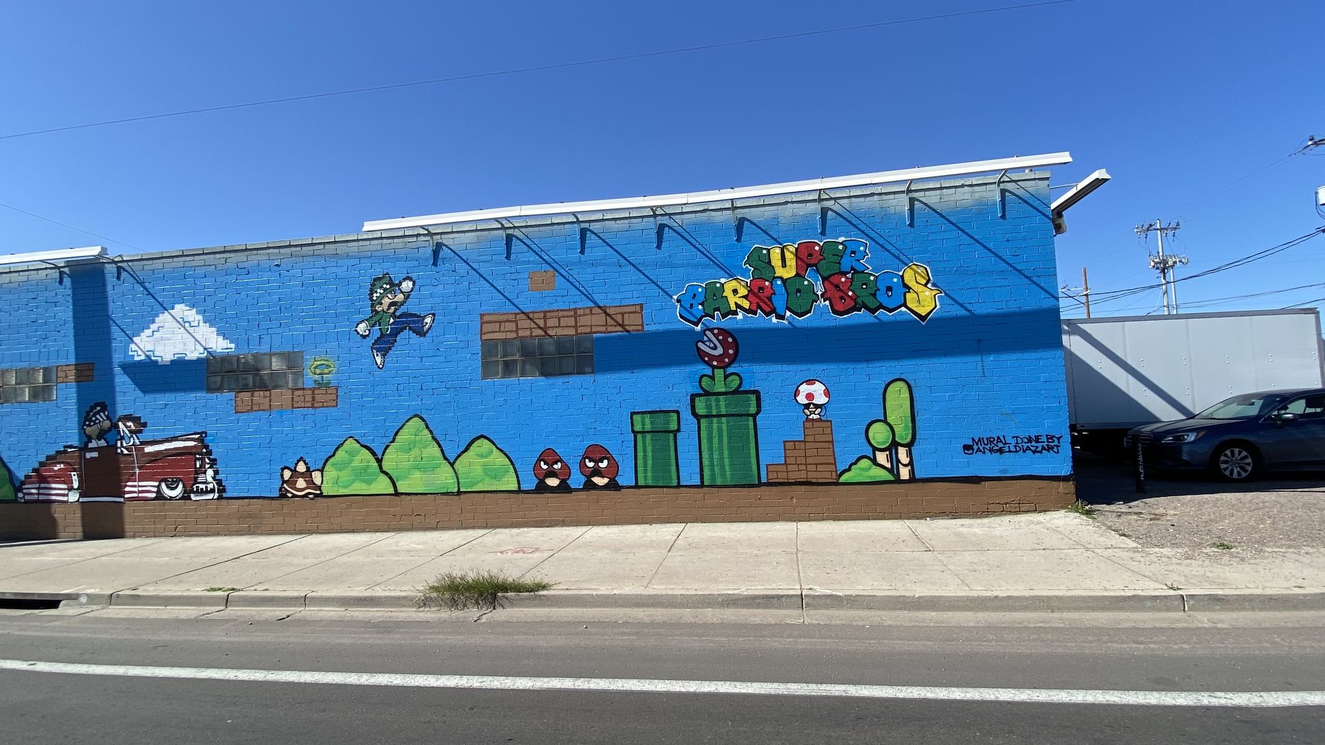 A mural depicting characters from the Super Mario Brothers video games. 