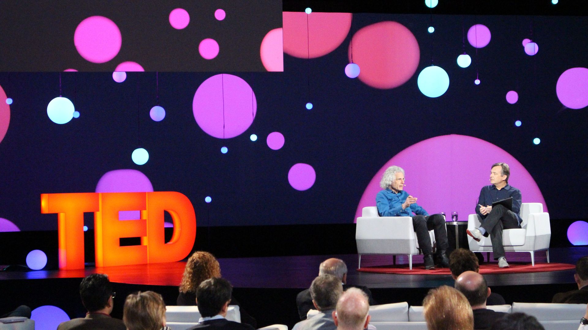 TED conference curator Chris Anderson interviews author Steven Pinker at TED 2018.