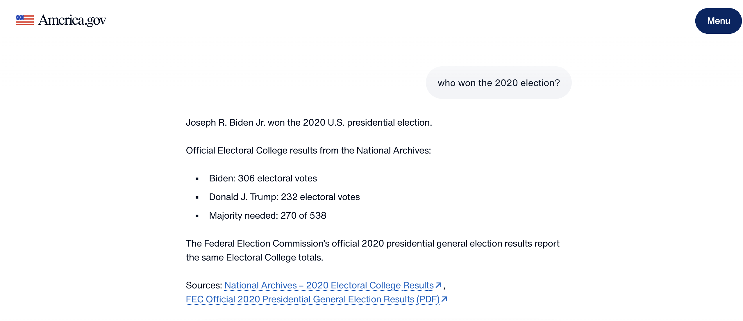 Screenshot of the America.gov page with a speech bubble reading the text "who won the 2020 election?" and the result: Biden 306, Trump 232 electoral votes; majority 270.