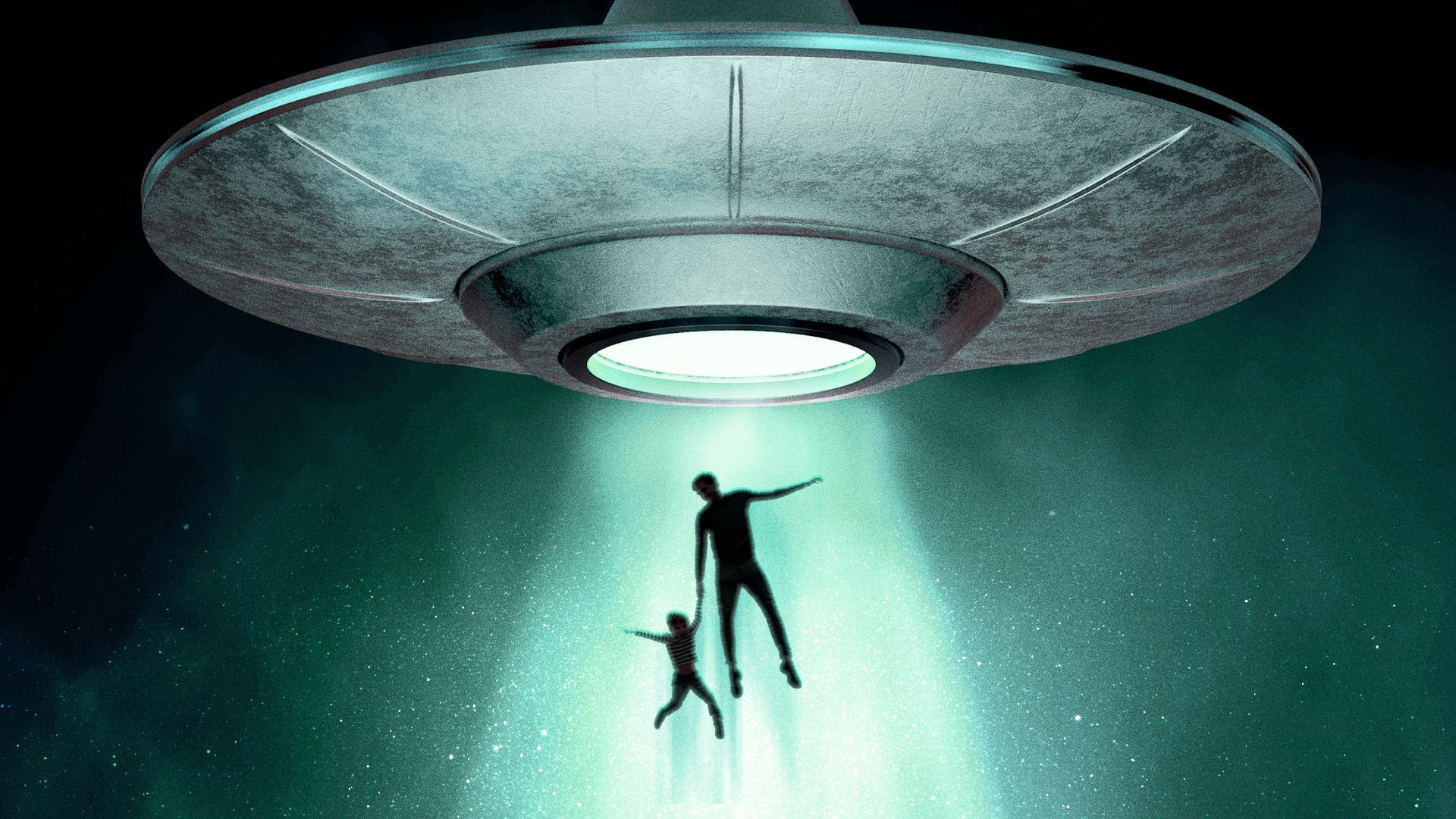 Illustration of a father and child being beamed up into a UFO. 