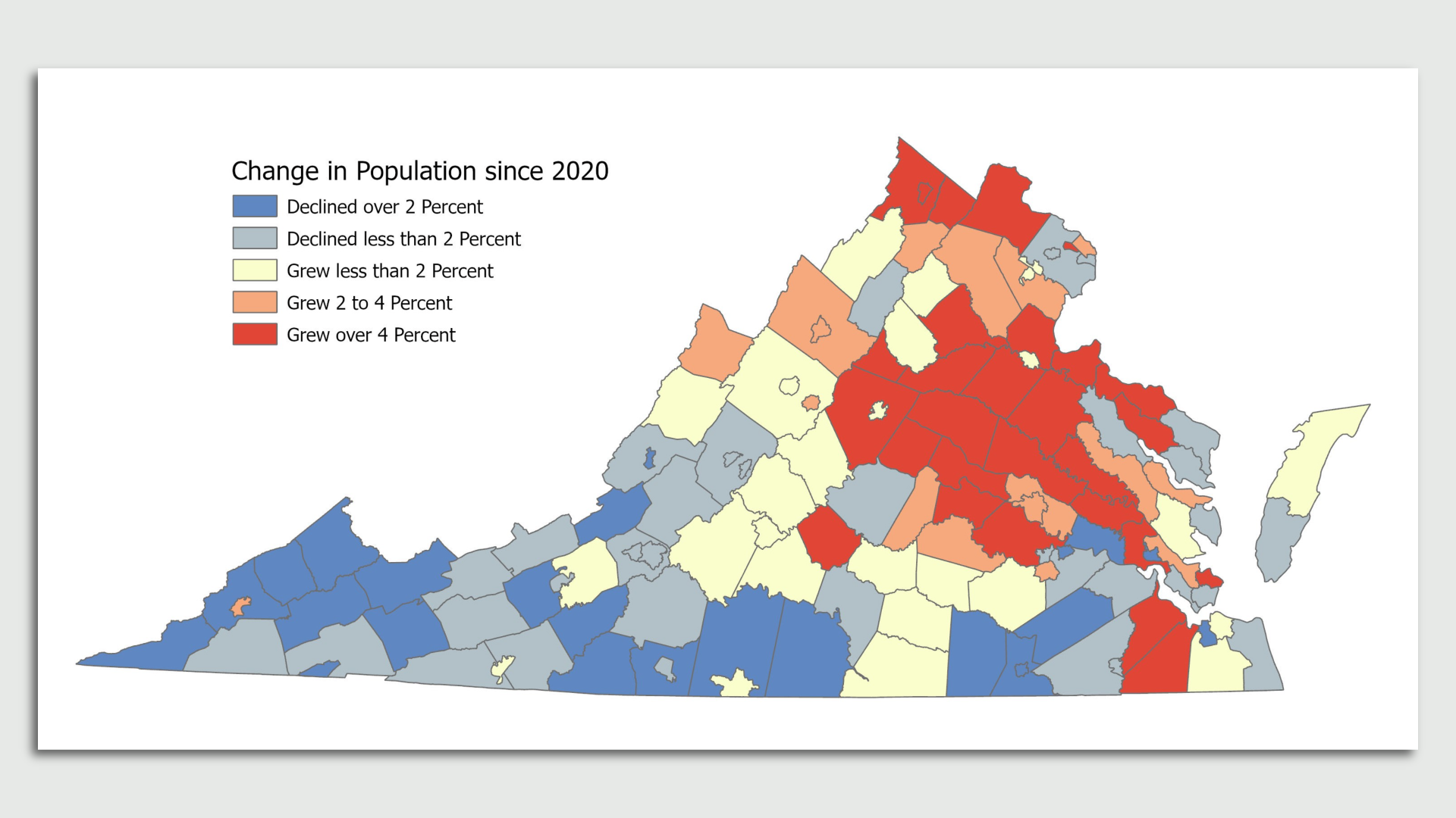 A map of Virginia that shows since 2020 nearly all of the population growth in the state has been in the Richmond region 