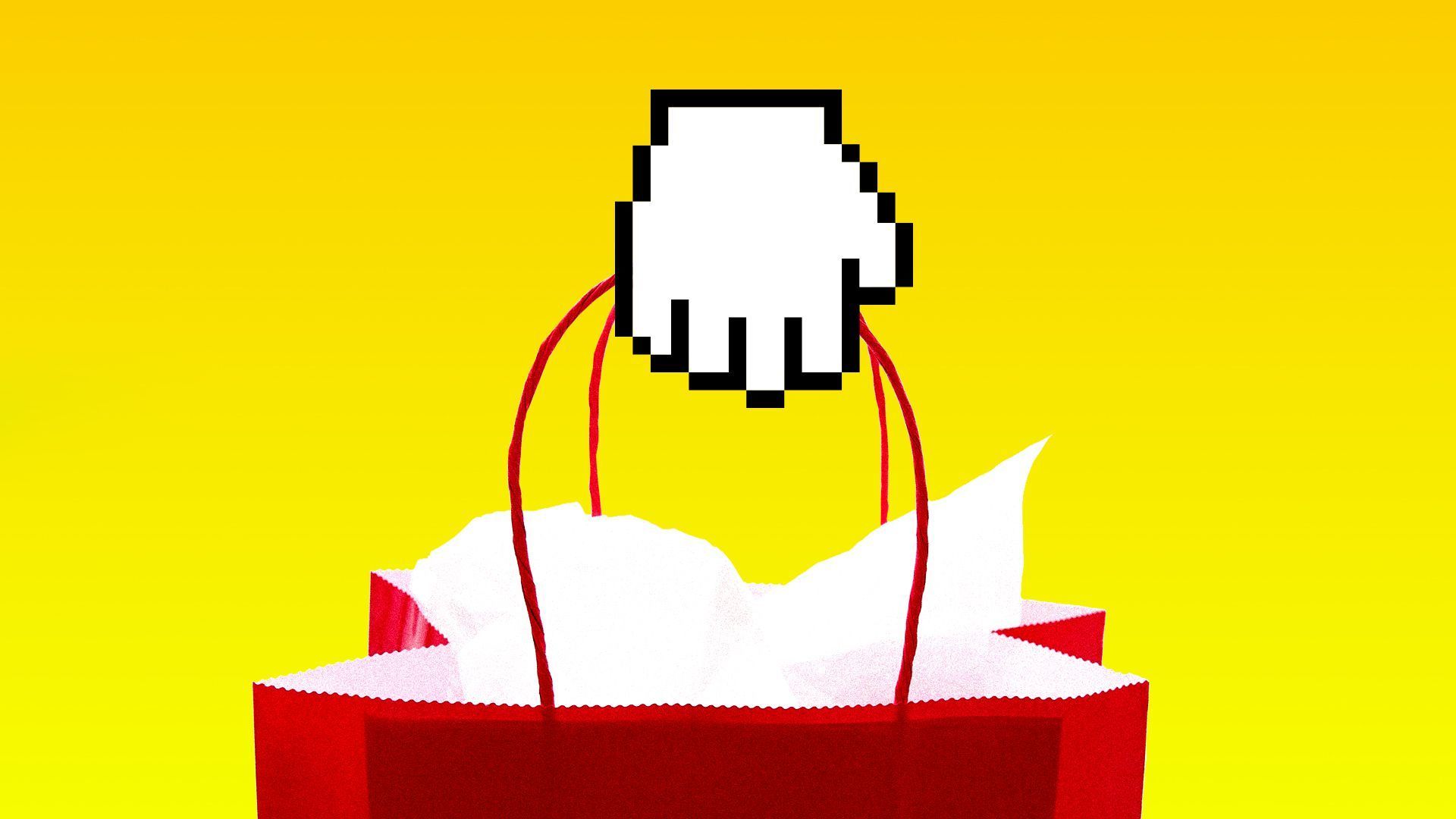 An illustration of a shopping bag with a hand icon, representing the intersection of digital and real-world commerce.