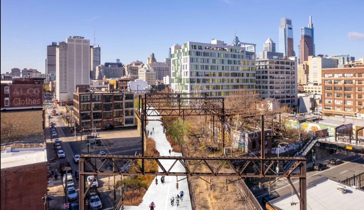 A rendering of an elevated park developed on the Reading Viaduct in Philadelphia. 