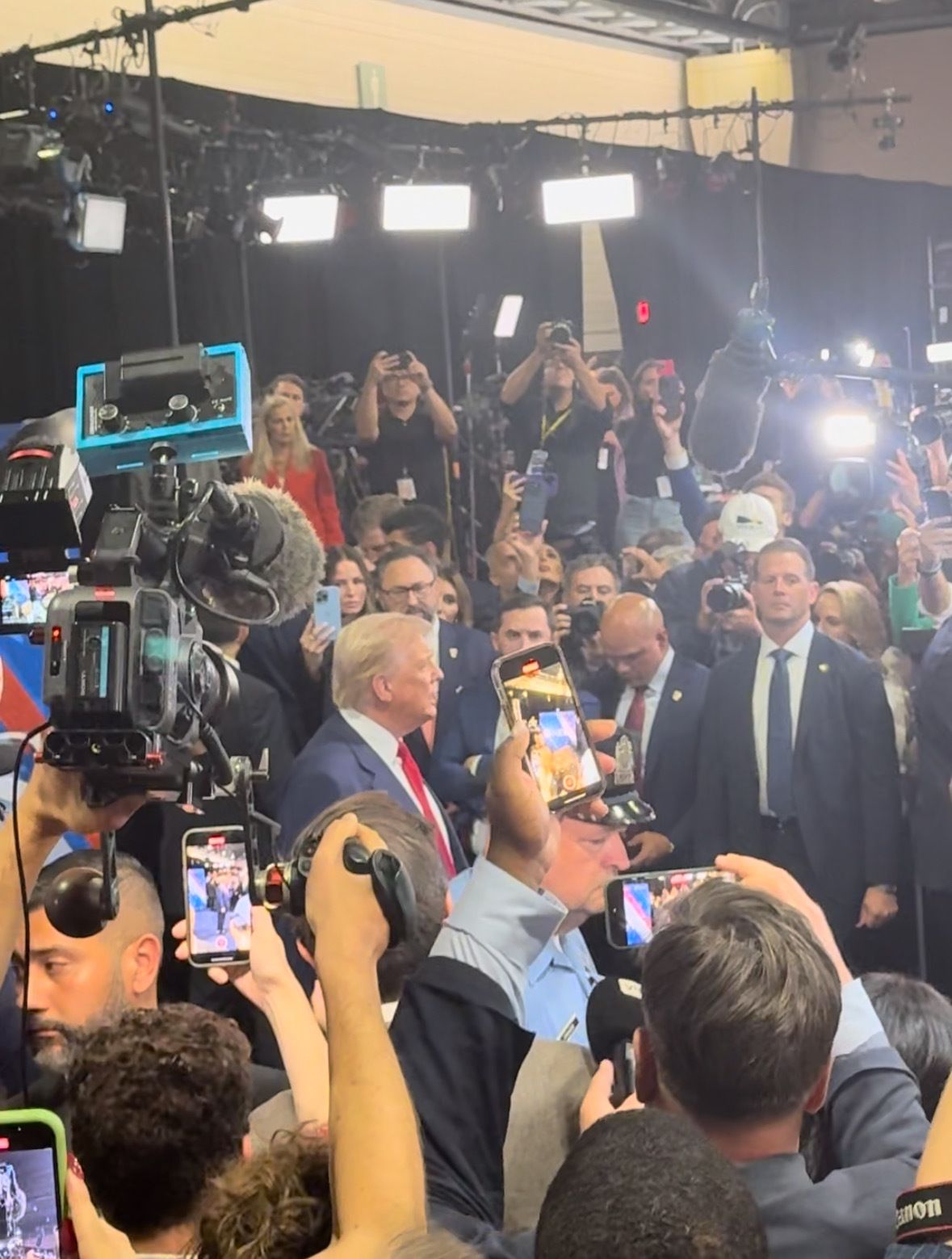 Trump enters spin room after debate