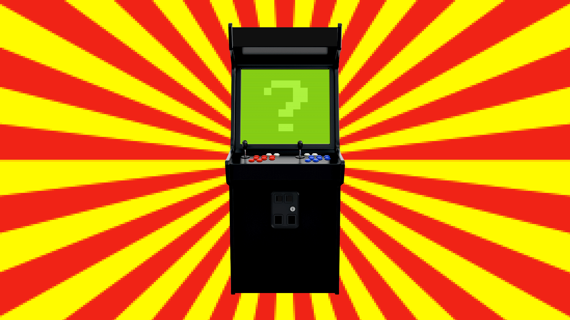 Animated illustration of an arcade cabinet with a flashing question mark on the screen.