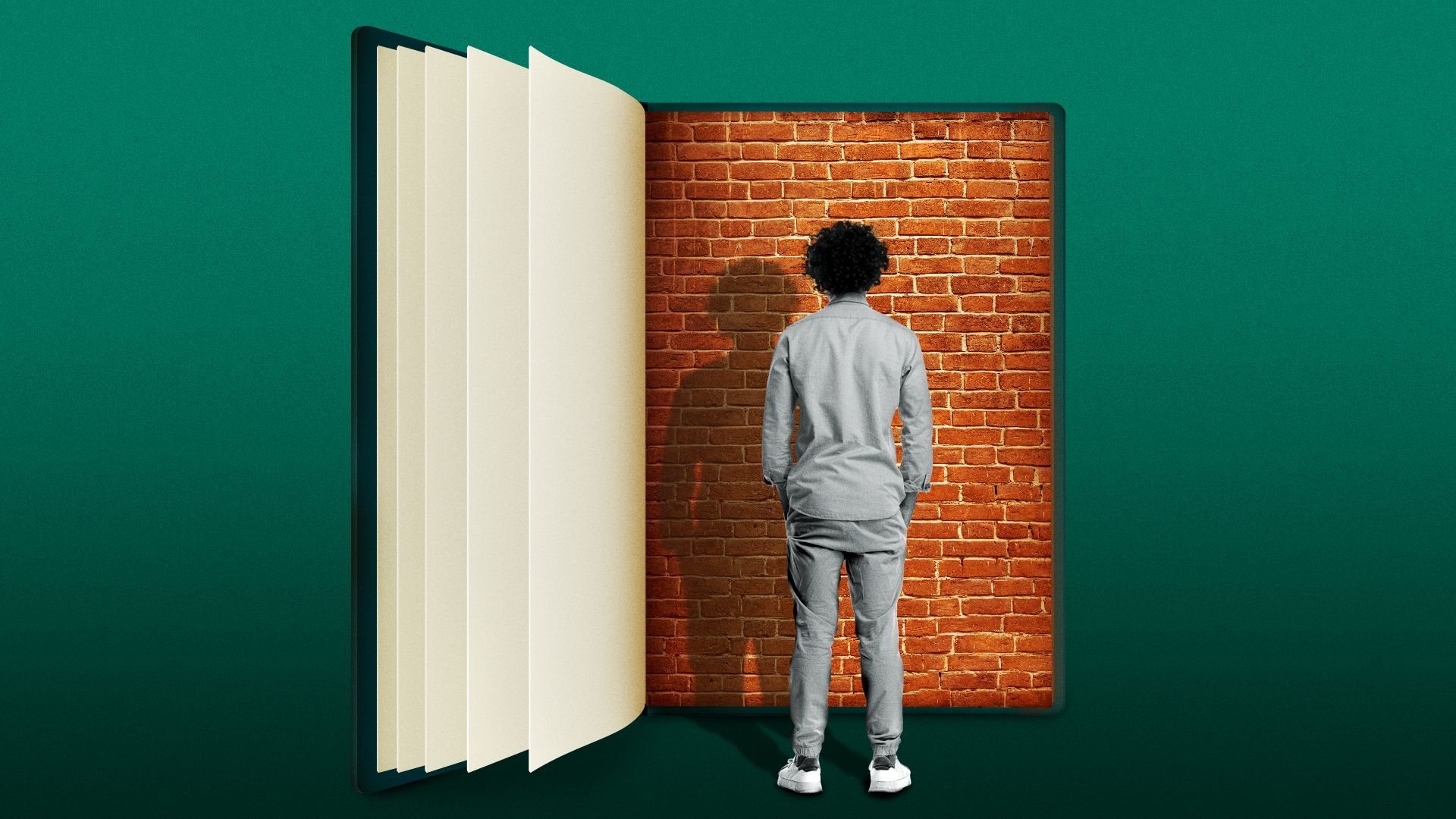 Illustration of a tiny person facing a brick wall, which is also the interior of a giant book.