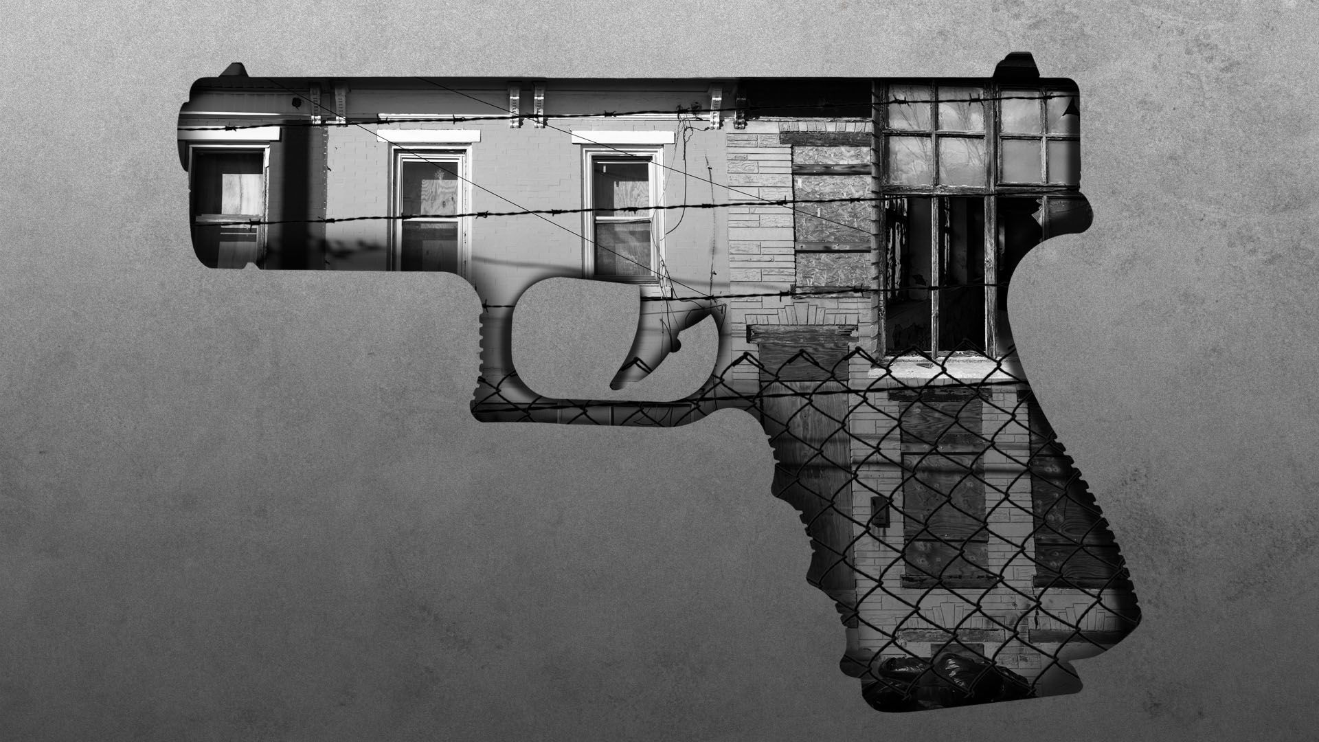 Illustration of boarded up homes, broken windows, and chain link fence in the shape of a firearm