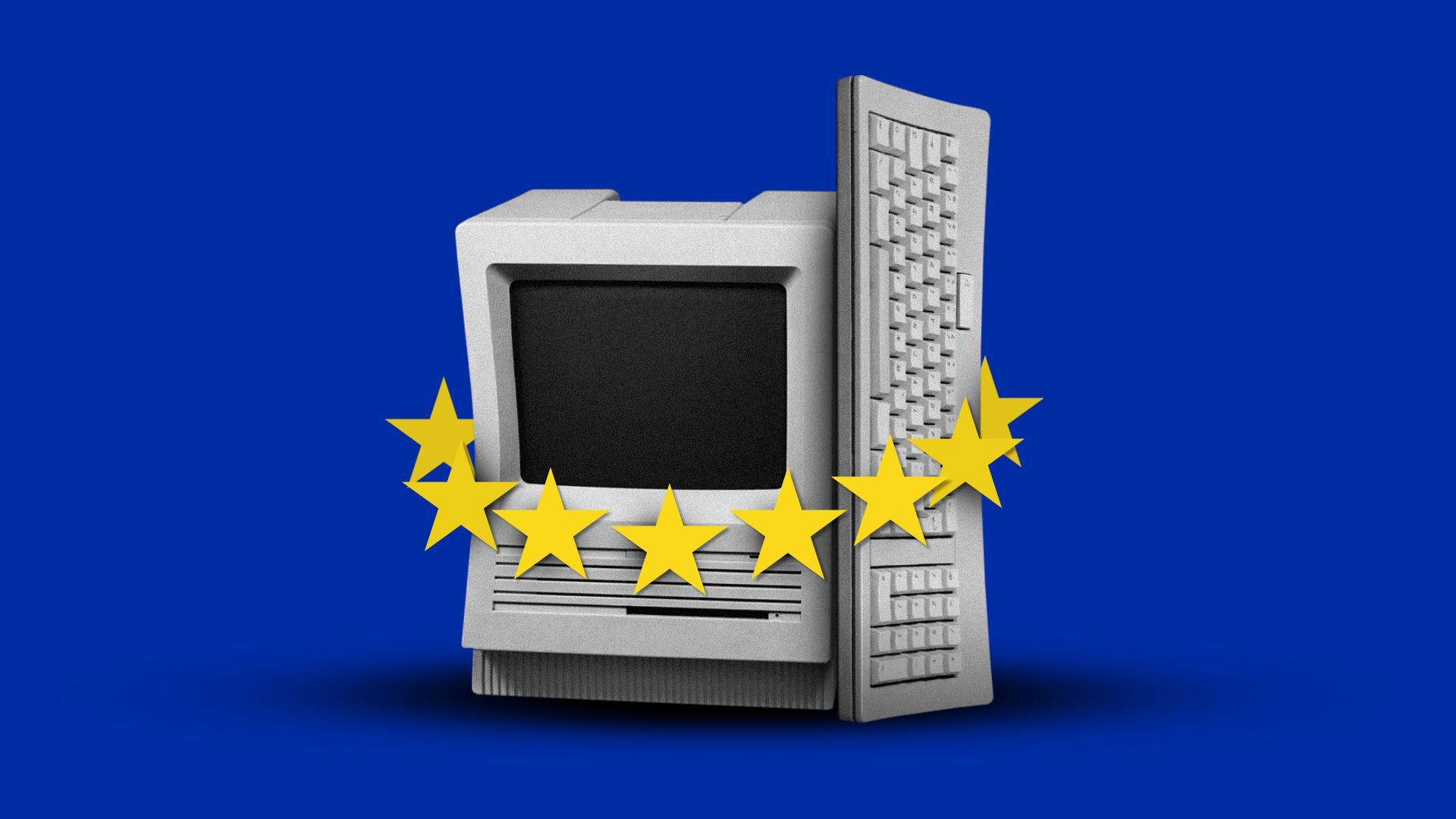 Illustration of a screen and keyboard tied up by the circle of stars from the EU logo.