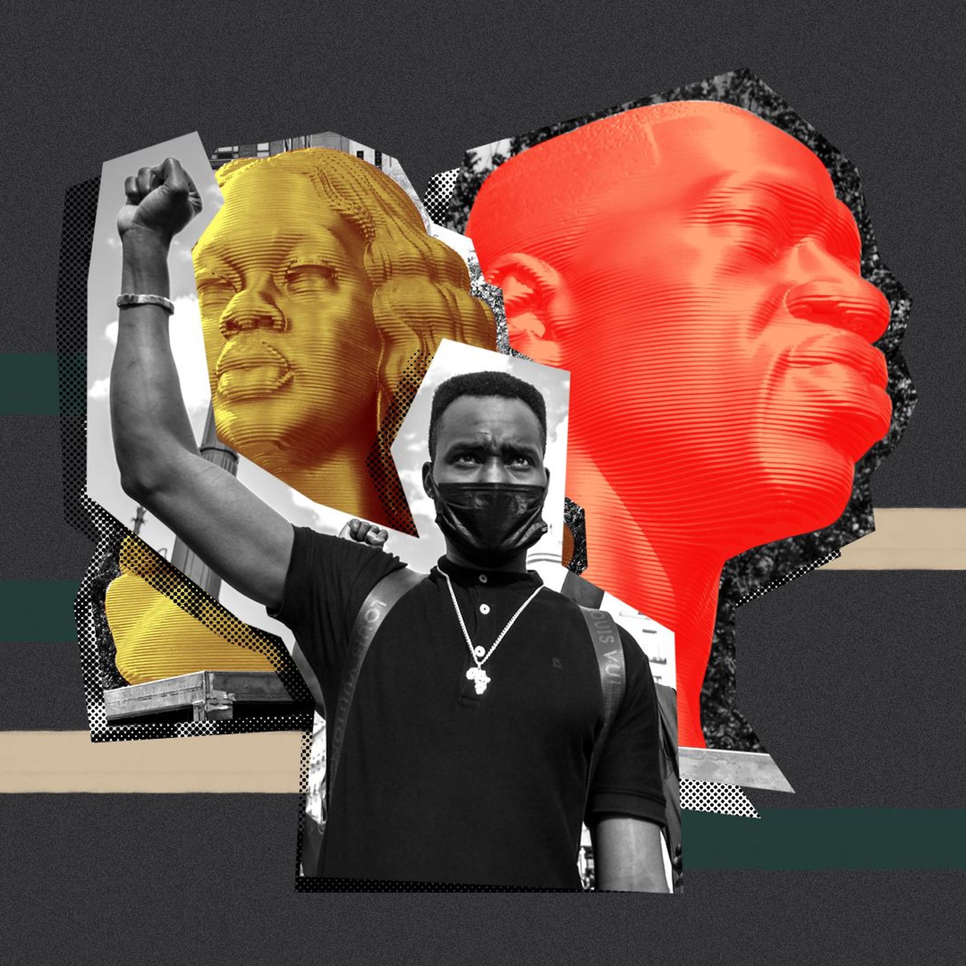 Photo illustration of a Black Lives Matter protester in front of statues of Breonna Taylor and George Floyd 