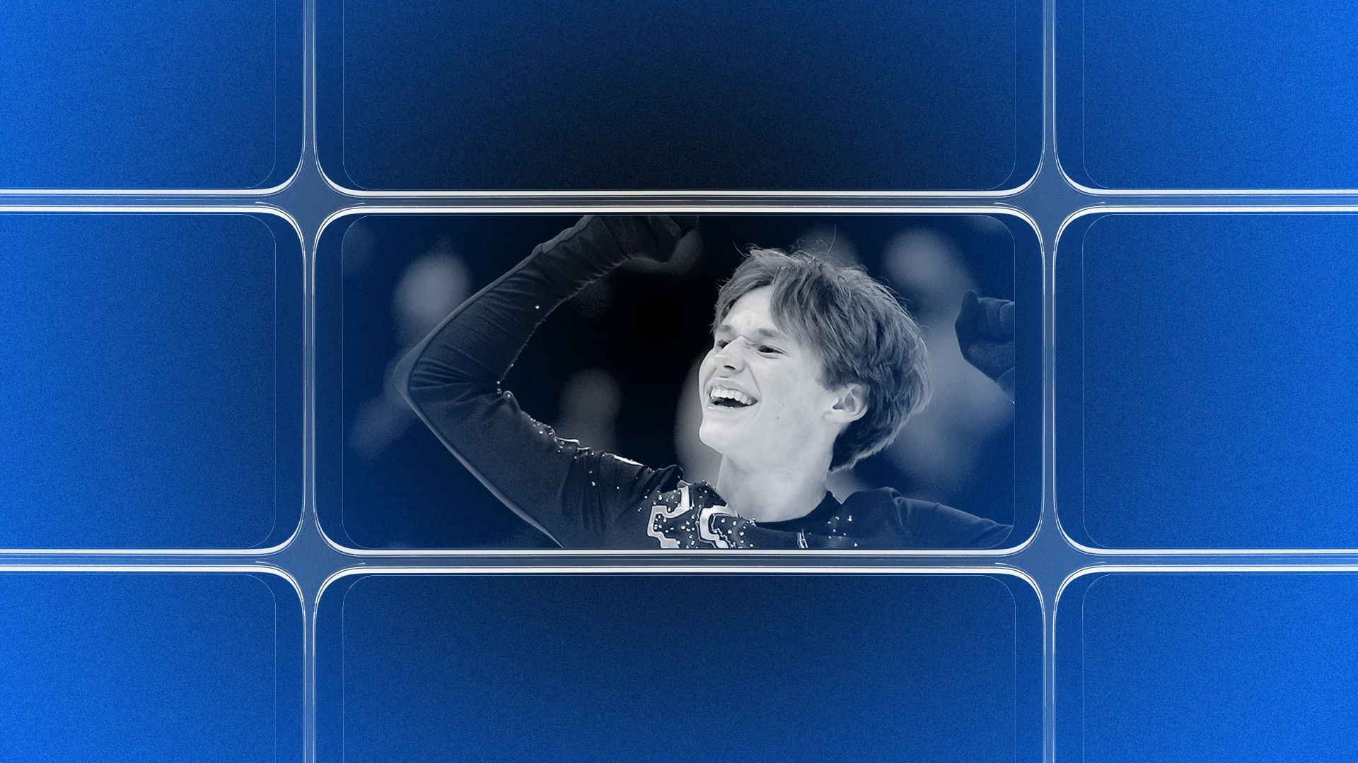 Photo illustration of a grid of smartphone screens, the center one showing an image of Ilia Malinin.